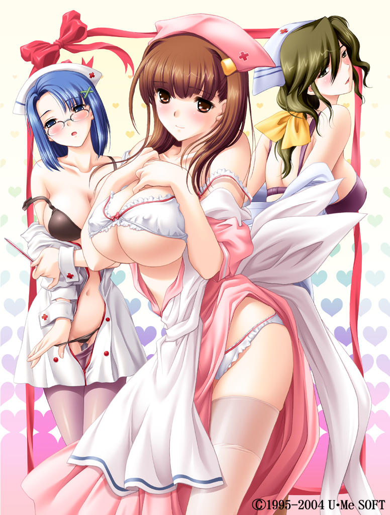 2004 blue_eyes blue_hair blush bra breasts brown_eyes brown_hair dated female female_only gamou_keiko glasses green_eyes green_hair hakui_no_gohoushi kinmedai_pink lingerie long_hair mai_ryouka multiple_girls nurse open_mouth panties pantyhose shima_mayuri short_hair thighhighs underwear