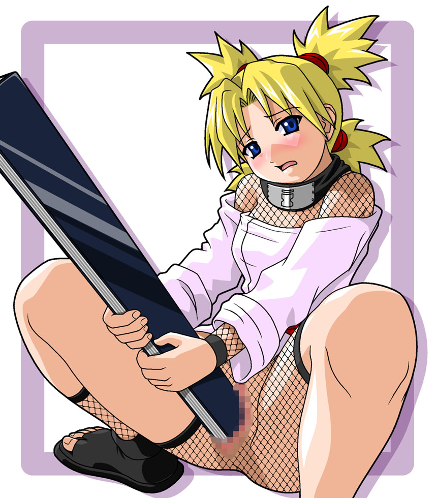 blue_eyes blush censored fan female female_only fishnets forehead_protector human looking_at_viewer masturbating_with_weapon masturbation naruto naruto_(classic) nyoraho_mimizuku pussy quad_tails sandals scarf short_hair sitting solo spread_legs sunagakure_symbol temari vaginal_insertion vaginal_penetration weapon