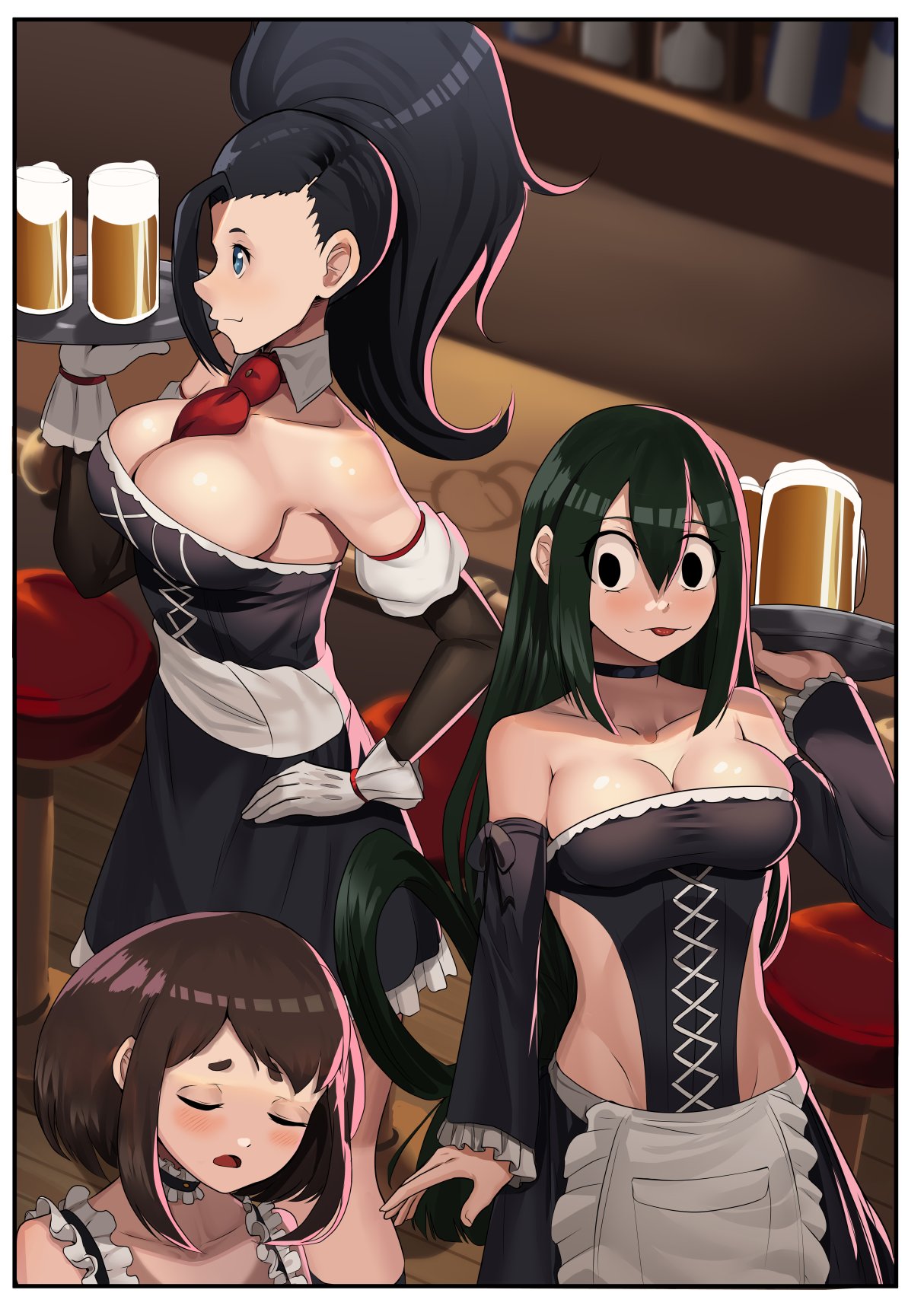 3girls, beer, beer mug, black hair, black-haired female, brown hair, brown-haired female, female, green hair, green-haired female, maid uniform, momo yaoyorozu, multiple females, multiple girls, my hero academia, nico-mo, ochako uraraka, skimpy clothes, tsuyu asui