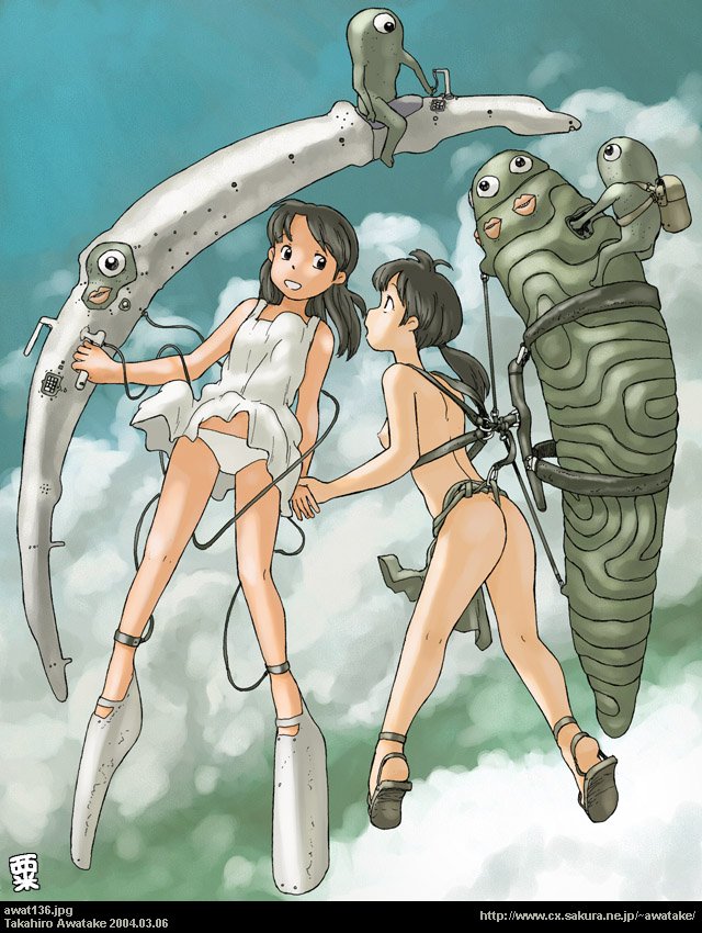 2girls alien awatake_takahiro black_hair dress female female_only flying fundoshi multiple_girls panties ponytail tied_hair underwear wedgie