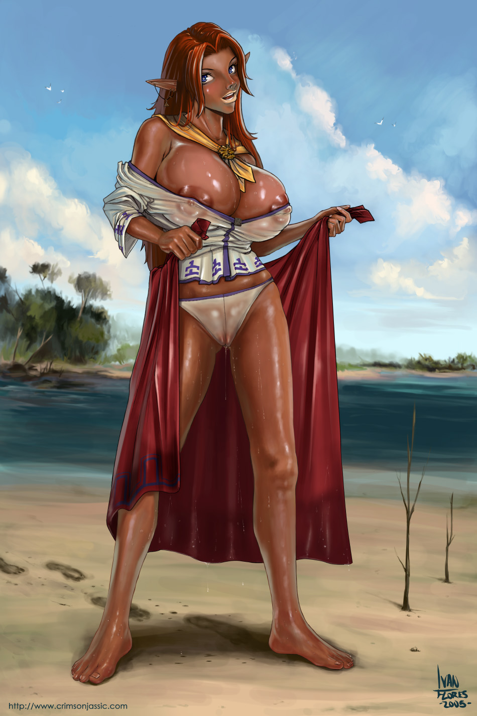 areola_slip areolae blue_eyes breasts bursting_breasts cameltoe clothing dark_skin earrings elf erect_nipples farm_girl farmgirl female highres huge_breasts ivan_flores jewelry large_areolae large_nipples long_hair malon nintendo nipples ocarina_of_time panties pointy_ears ranch_girl red_hair see-through straight_hair tan the_legend_of_zelda underwear wet
