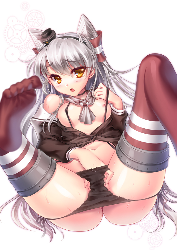 amatsukaze_(kantai_collection) black_panties blush choker female fingering hair_tubes kantai_collection long_hair looking_at_viewer masturbation navel nipples no_pants open_mouth panties panty_pull s-yin shirt_pull side-tie_panties silver_hair small_breasts solo spread_legs striped striped_legwear sweat tears thighhighs two_side_up underwear yellow_eyes