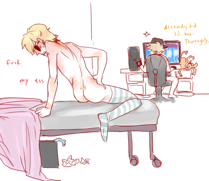 2boys after_anal artist_request baseball_cap blonde_hair bro_strider brothers computer dave_strider dialogue fingerless_gloves gay glasses homestuck incest male ms_paint_adventures naked on_bed open_mouth smuppets socks sunglasses text thighhighs thumbs_up tinted_eyewear white_background white_skin yaoi