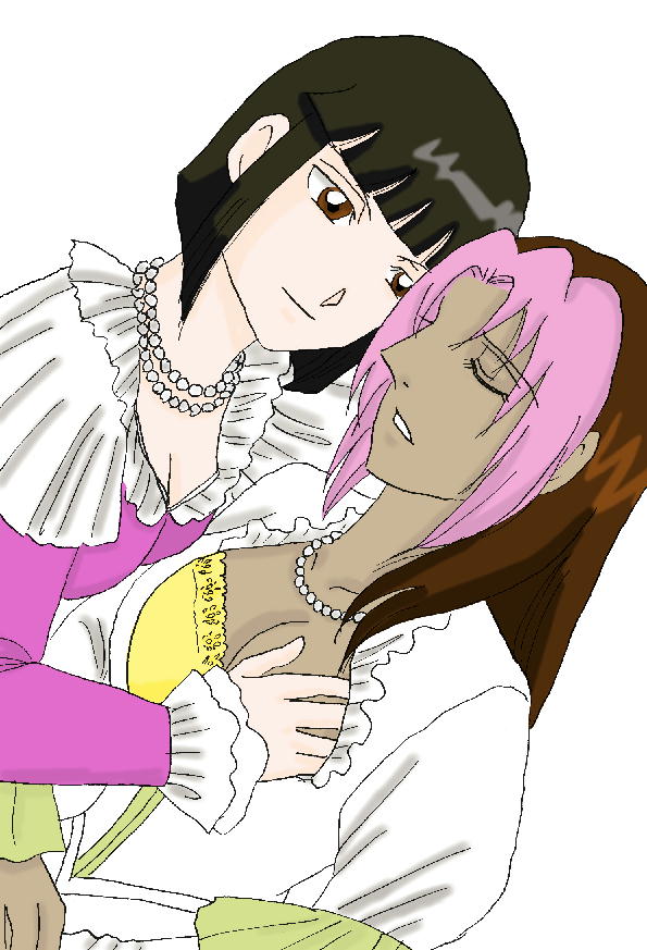 beige_skin black_hair breast_grab breasts brown_hair brown_skin closed_eyes closed_mouth clothes color dante_(fma) dark-skinned_female dark_skin female female_only fullmetal_alchemist hair human interracial multiple_females multiple_girls necklace open_eyes pink_hair rose_thomas round_ears short_hair white_background yuri