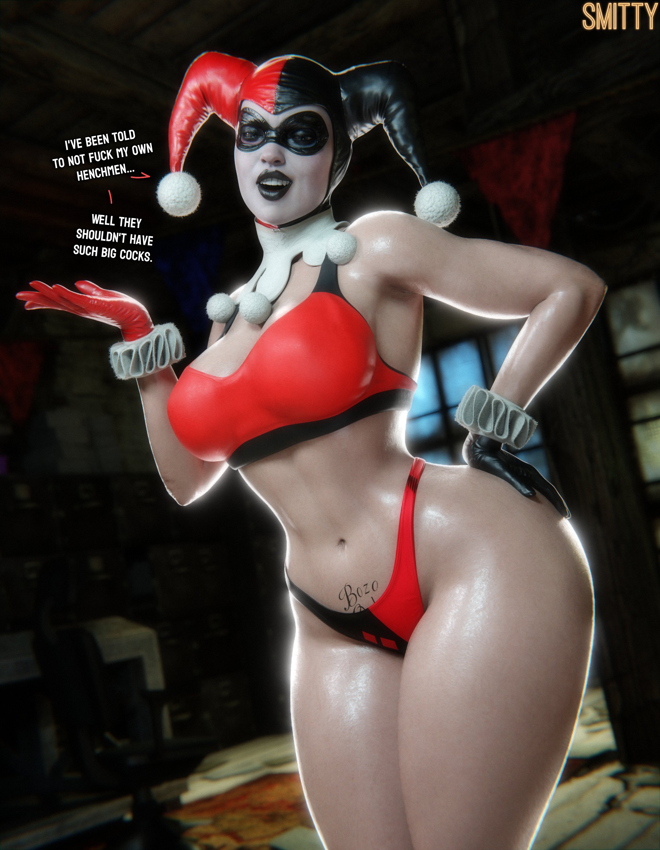 1girls, 3d, abs, batman (series), big ass, big breasts, black lipstick, bozo pubic tattoo, clown, clown girl, curvaceous, curvy, curvy figure, dc, dc comics, domino mask, english text, gloves, harley quinn, harley quinn (classic), harley quinn (injustice), huge ass, huge breasts, injustice 2, jester, jester cap, jester girl, jester hat, large ass, large breasts, smitty34, solo, solo female, text, thick thighs, thighs, wide hips
