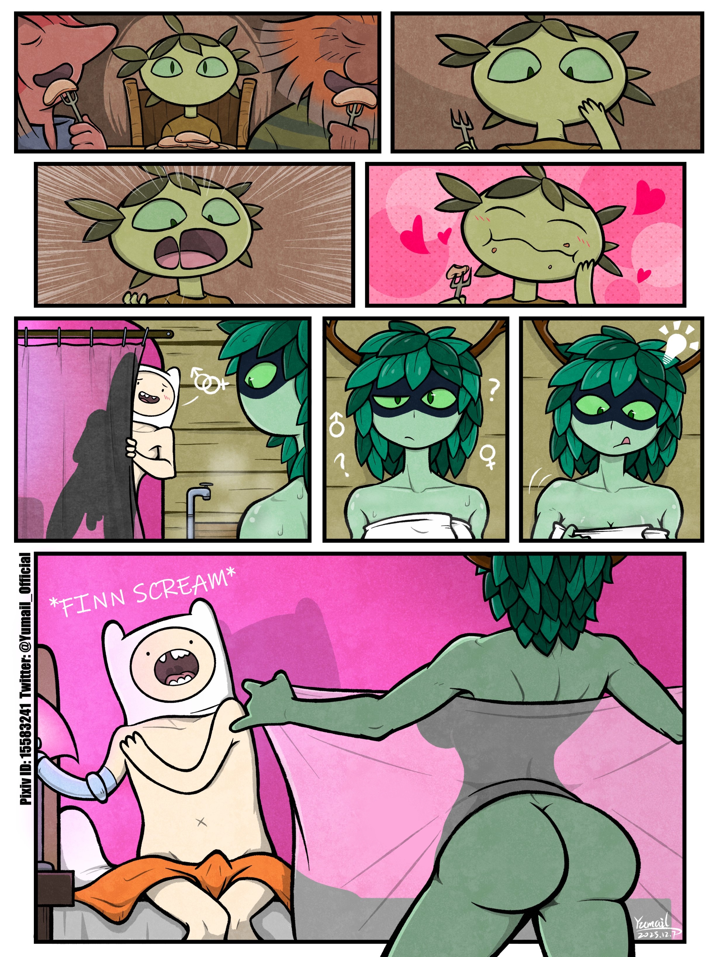 1boy, 1girls, adventure time, bathroom, big ass, comic, creature, erection, female, finn the human, green body, green hair, green skin, huntress wizard, inminent sex, nude, people, screaming, towel, yumail