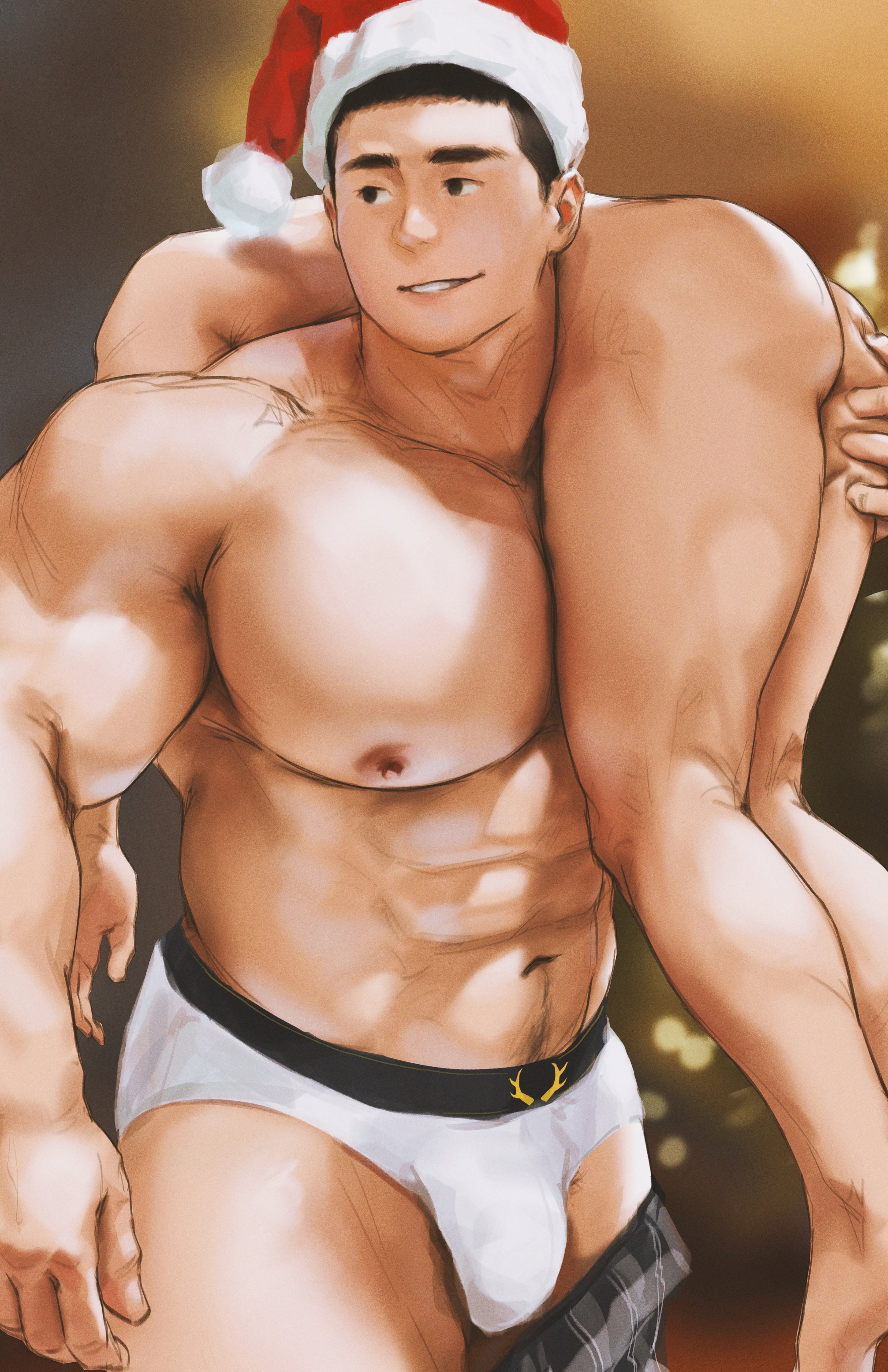 2boys, abs, ass, bara, bulge, carrying, gay, hat, hoonzino, male, male focus, male only, muscular, muscular arms, muscular chest, muscular male, nipples, nude, pecs, santa hat, underwear, yaoi