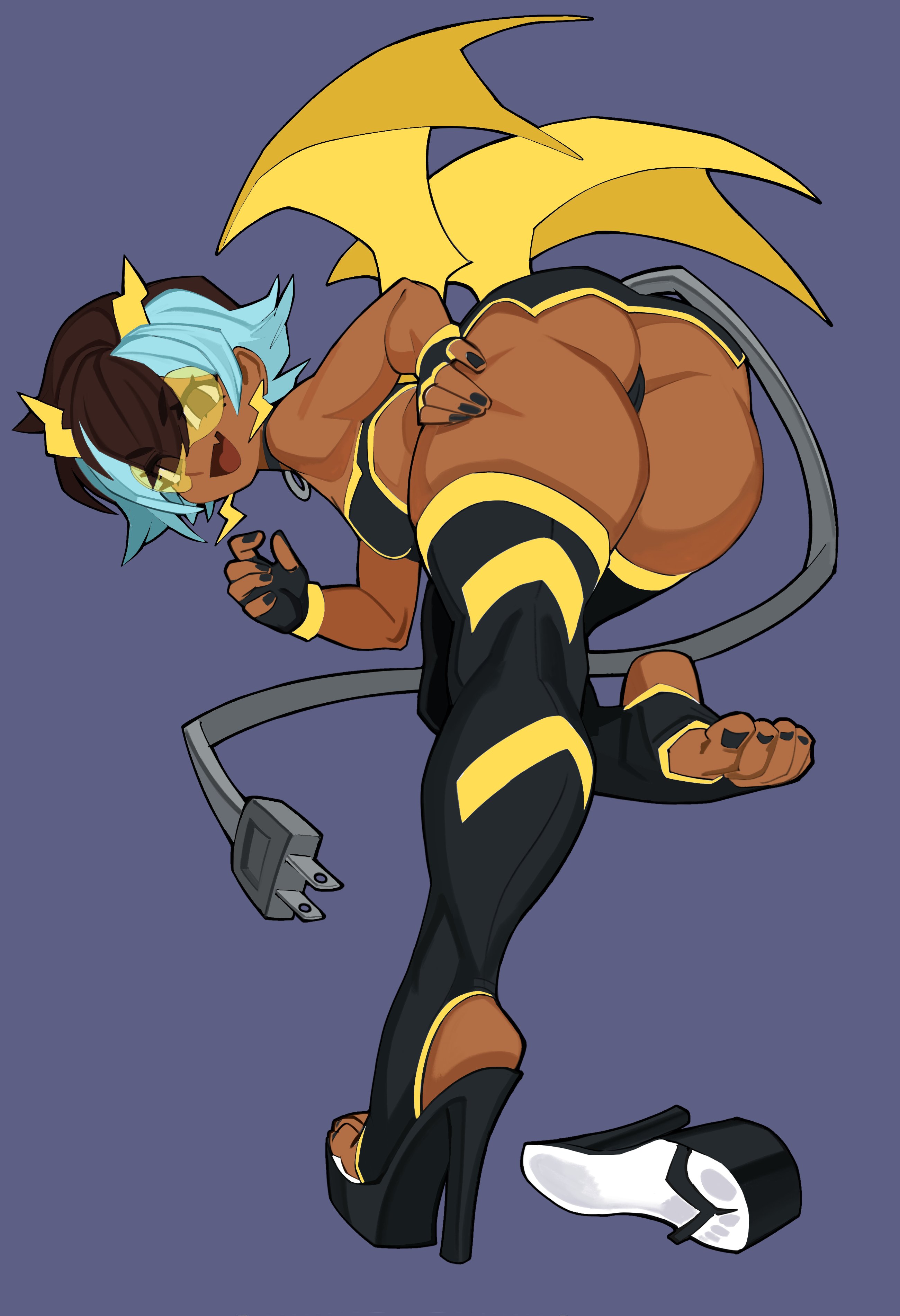 absurdres, ass, bent over, black gloves, black nails, black sandals, black shoes, black thighhighs, blue background, blue hair, breasts, brown eyes, brown hair, commentary, dark skin, dark-skinned female, double-parted bangs, earrings, electric plug, electric plug tail, exnezo, feet, female, fingerless gloves, fingernails, from behind, full body, gloves, hair ornament, hand on own thigh, high heels, highres, jewelry, lightning bolt, lightning bolt earrings, lightning bolt hair ornament, lightning bolt symbol, looking at viewer, looking back, mole, mole under eye, multicolored hair, nail polish, nezo, oerba yun fang, open mouth, original, platform sandals, sandals, shoes, short hair, simple background, skin fang, small breasts, smile, solo, standing, standing on one leg, stirrup legwear, stirrup thighhighs, tail, thick thighs, thighhighs, thighs, toe scrunch, toenail polish, toenails, toes, two-tone hair, wings