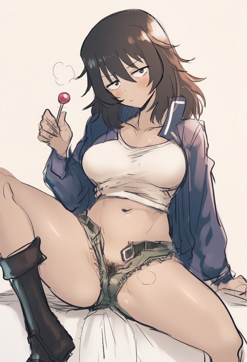 1girls, ai generated, andou (girls und panzer), blush, brown hair, brunette hair, female, girls und panzer, kobayashi3biker, no panties, pubic hair, pubic hair peek, school uniform, schoolgirl, tagme, tanned, tanned body, tanned female, tanned skin, tomboy, wide hips