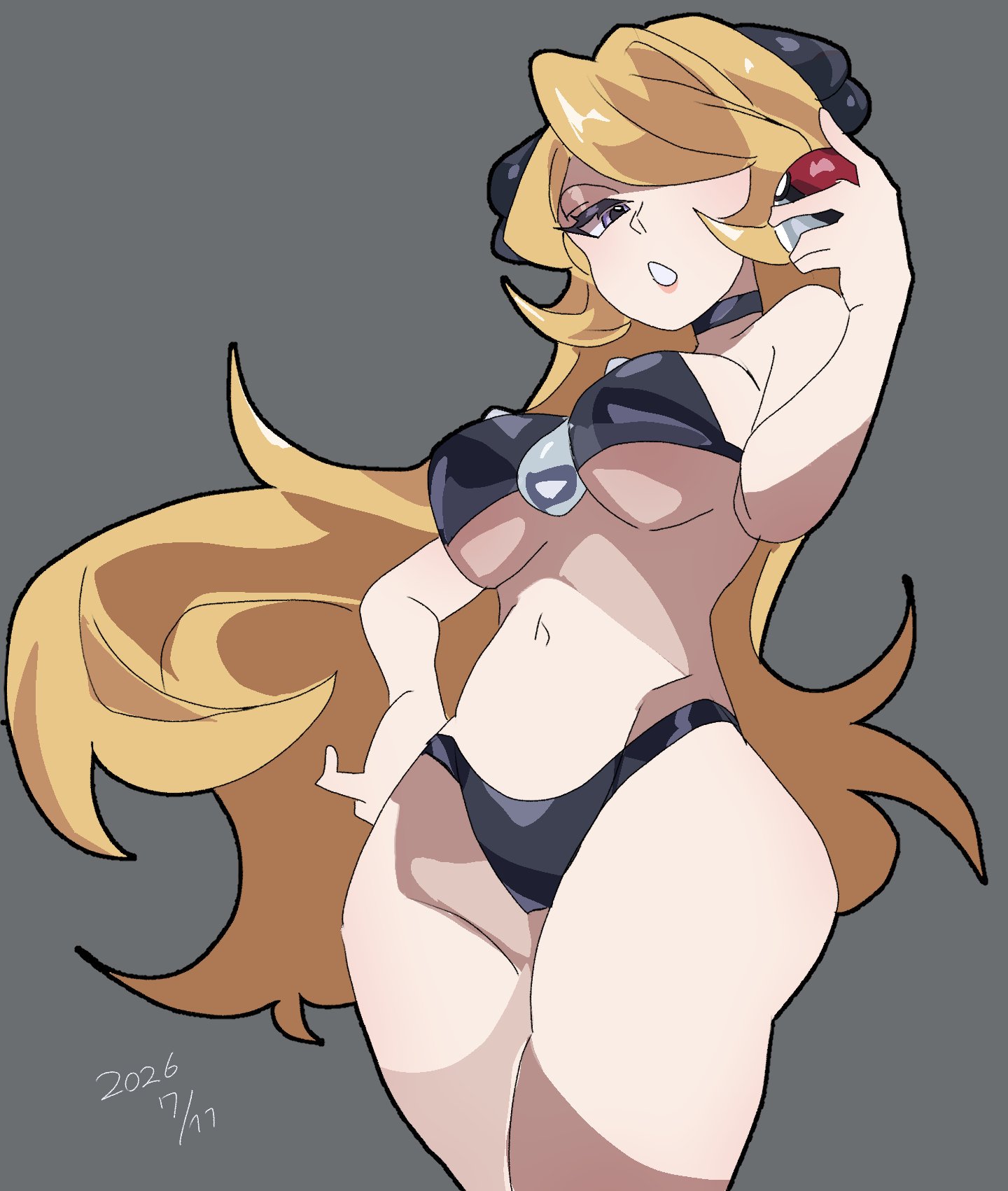 ass, belly, belly button, big ass, big breasts, bikini, black bikini, black choker, blonde hair, breasts, choker, cynthia (pokemon), game freak, hair ornament, hair over one eye, hand on hip, long hair, looking at viewer, mouth open, navel, one eye obstructed, pokeball, pokemon, pokemon dppt, satoro301, stomach, thick thighs, thighs
