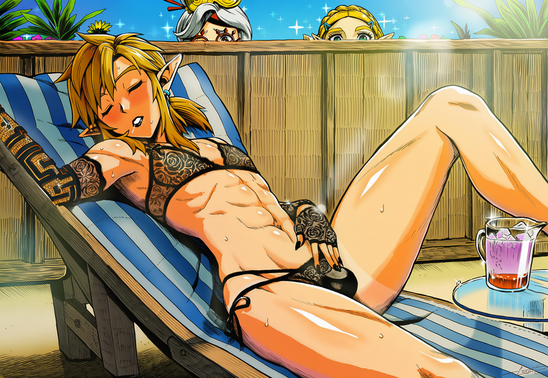 abs, ai art, ai generated, almond eyes, bare legs, bare shoulders, bare thighs, black lipstick, black nails, blue eyes, bra, crossdressing, drooling, earrings, exhibitionism, female supporting crossdressing, femboy, feminine male, feminization, girly, girly boy, golden hair, hylian, hylian ears, link, long nails, luxica, novelai, princess zelda, purah, purah (tears of the kingdom), rauru's arm, sissy, sleeping, small bulge, spying, summer, sun, sunbathing, sunlight, sweat, tan, tan body, tears of the kingdom, the legend of zelda, trap, twink, uncensored, underwear, voyeur, voyeurism