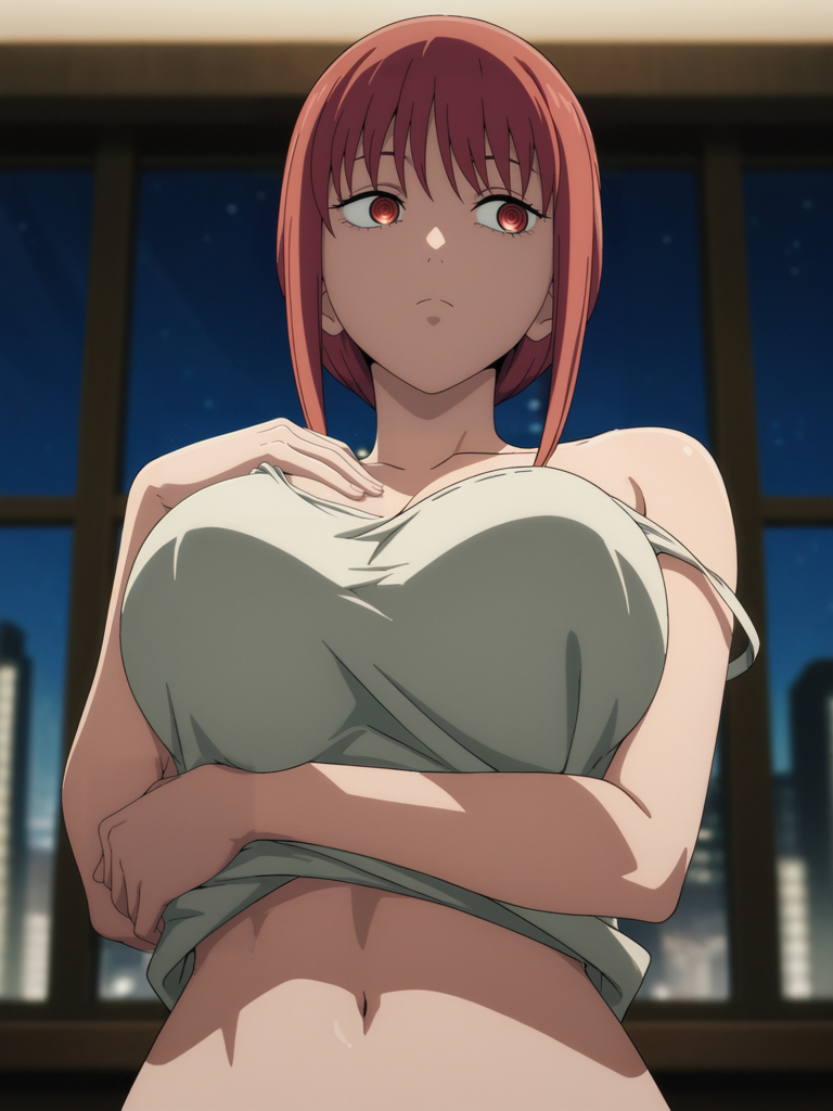 1girls, ai generated, booty shorts, chainsaw man, hand on breast, kreivan, makima (chainsaw man), red hair, solo
