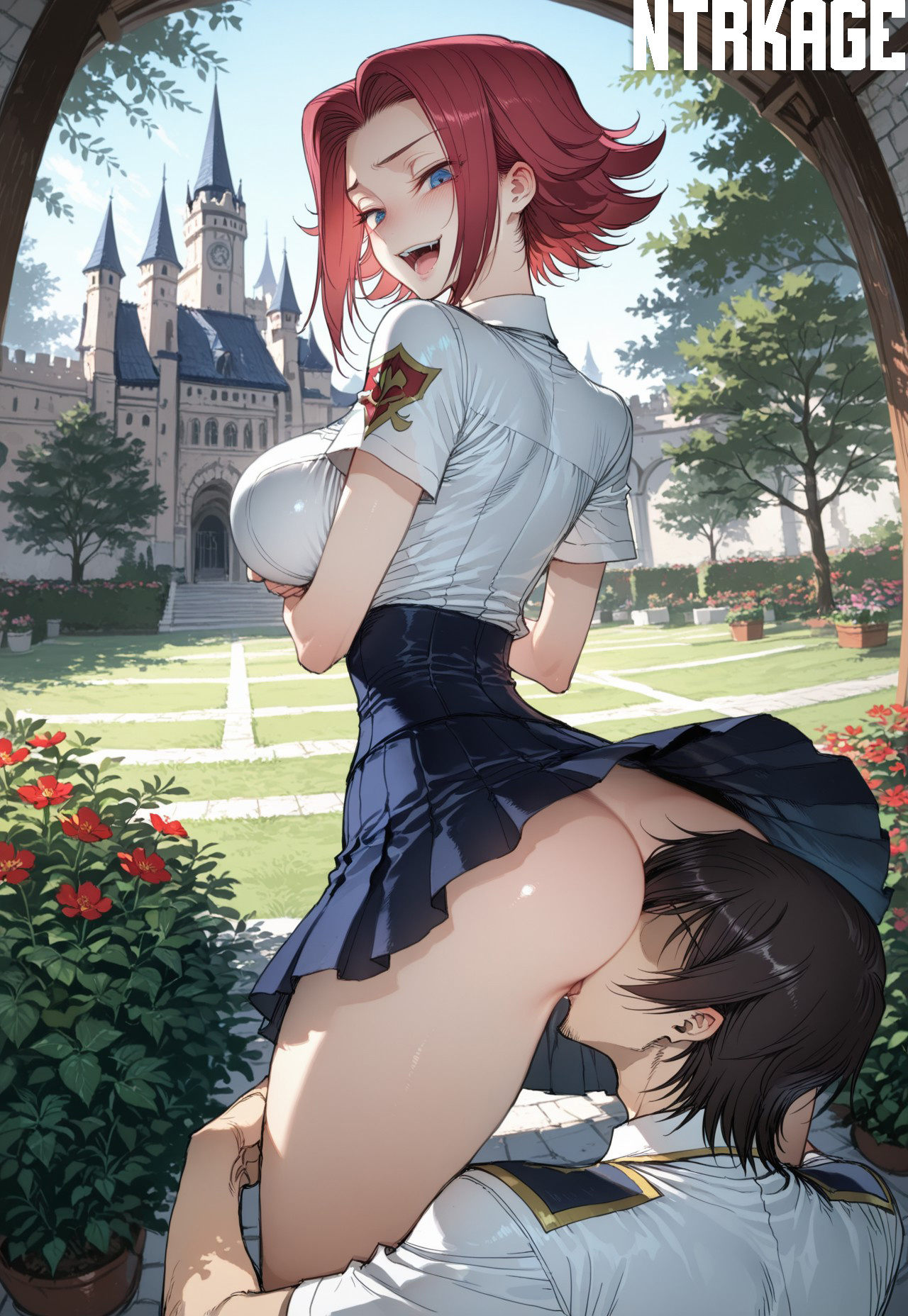 1boy, 1girls, ai generated, code geass, cunnilingus, hi res, highres, kallen stadtfeld, lelouch lamperouge, looking at viewer, ntrkage, stealth cunnilingus, thick thighs