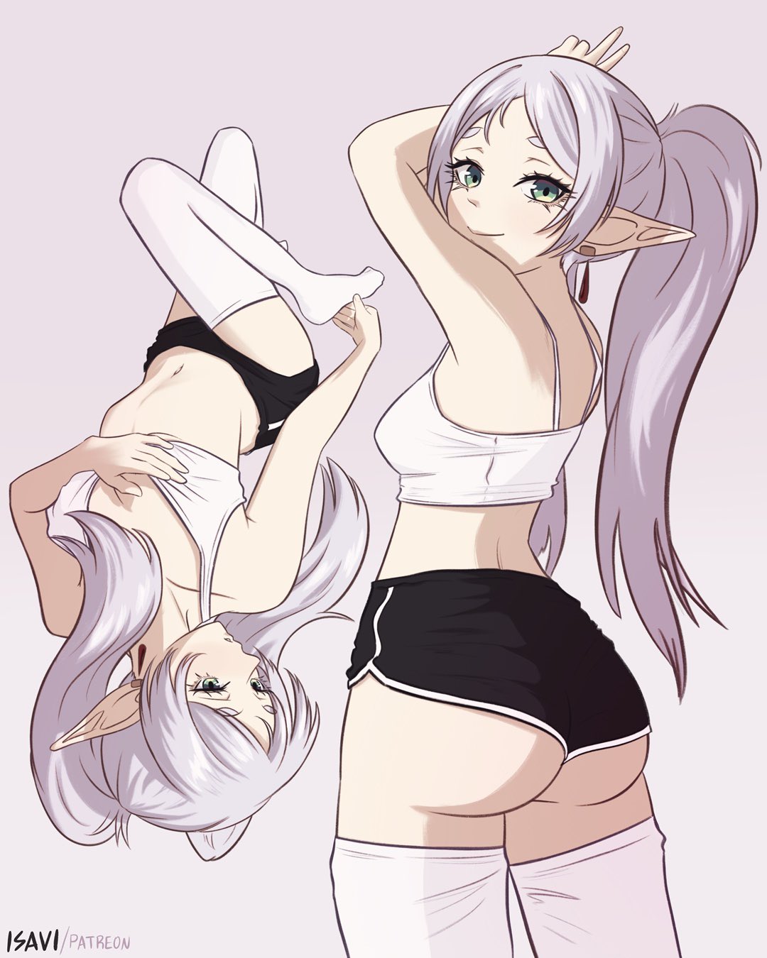 1girls, 2d, ass focus, bra, elf, elf ears, elf female, female, female only, frieren, hand on breast, isavi, light skin, light-skinned female, lying on back, sexy pose, solo, solo female, sousou no frieren, thighhighs, white hair