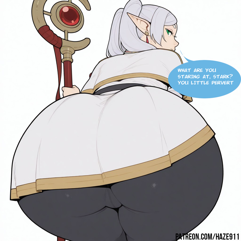 1girls, ai generated, ass, ass focus, bent over, capelet, comic, comic page, earrings, elf, english text, female, female only, frieren, frieren beyond journey's end, from behind, green eyes, haze911, holding, huge ass, jewelry, long hair, looking back, pantyhose, pointy ears, solo, speech bubble, staff, stark (sousou no frieren), teasing, thick thighs, twintails, white capelet