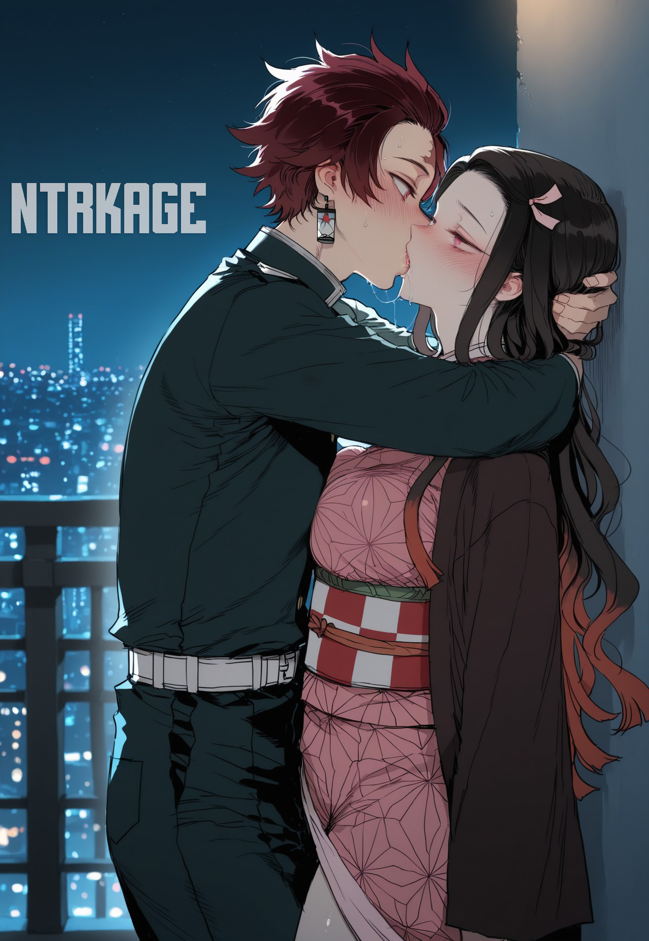 1boy, 1girls, ai generated, brother and sister, demon slayer, dripping, drooling, french kiss, hi res, highres, incest, kamado nezuko, kamado tanjirou, kimetsu no yaiba, kissing, netorare, nezuko kamado, ntrkage, saliva, saliva trail