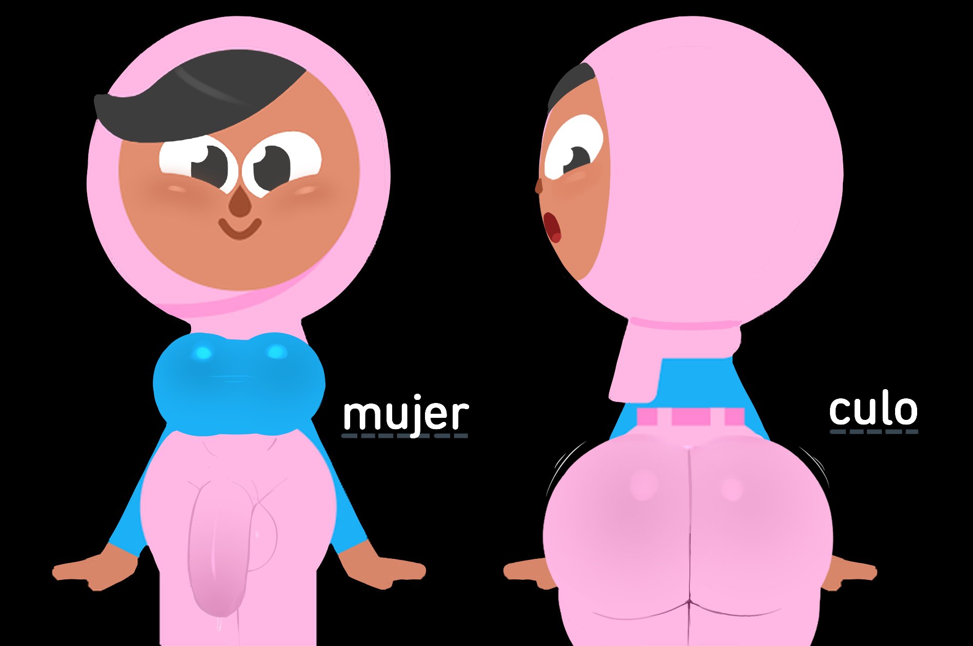 1futa, 1girls, ass, big ass, big breasts, black eyes, black hair, breasts, bulge, bulge through clothing, bulge under clothes, dark skin, dark-skinned futa, duo (duolingo), duolingo, futa only, futanari, g3mma, hijab, hijabi, muslim, muslim female, penis, penis under clothes, precum, precum drip, solo futa, spanish, spanish text, standing, text, zari (duolingo)