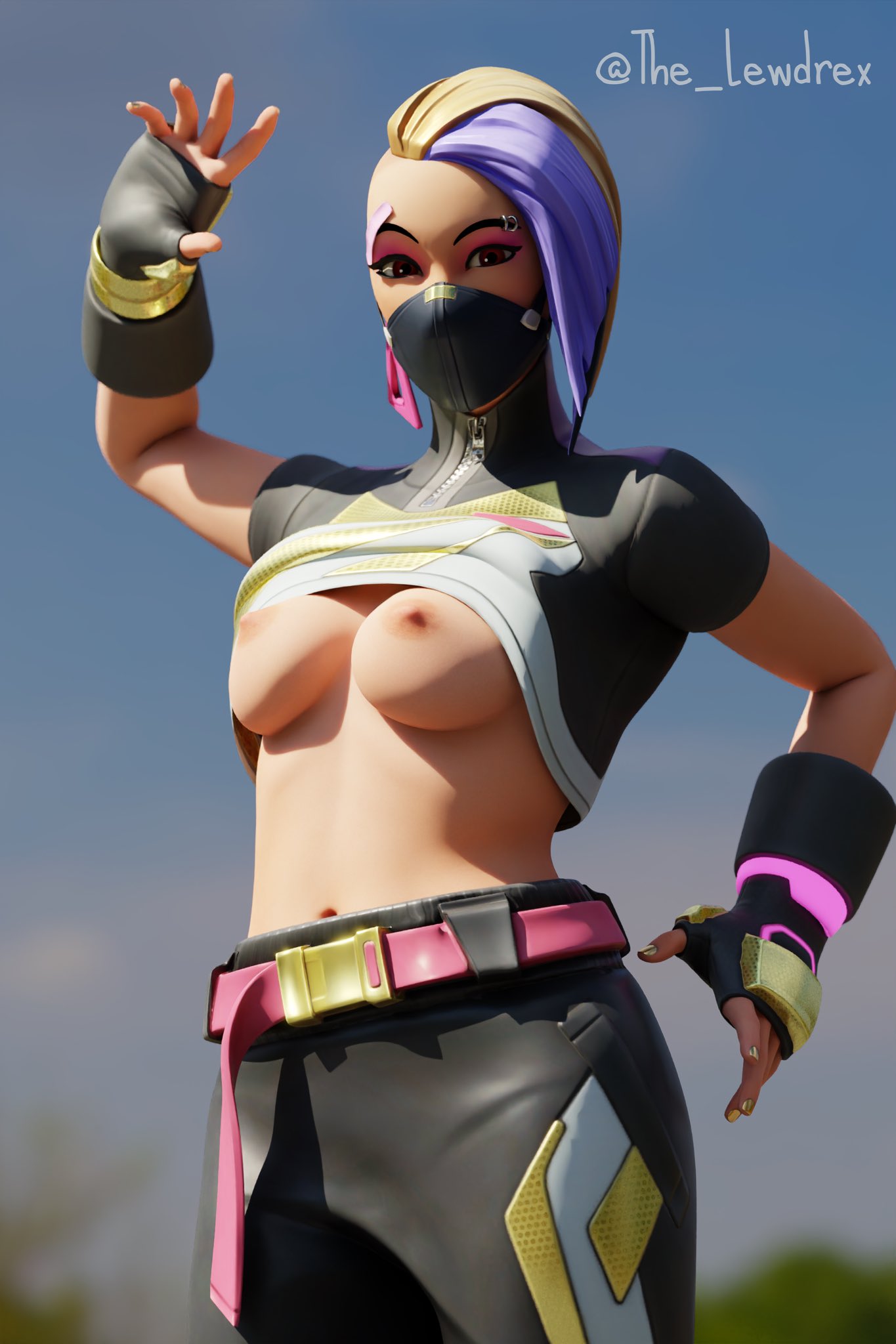 3d, belt, blender, blonde hair, breasts, catalyst (fortnite), clothes lift, dyed hair, earrings, eyebrow piercing, female, fortnite, golden nails, lewdrex, mask, posing, shirt lift, shirt up, small breasts, tagme, watermark