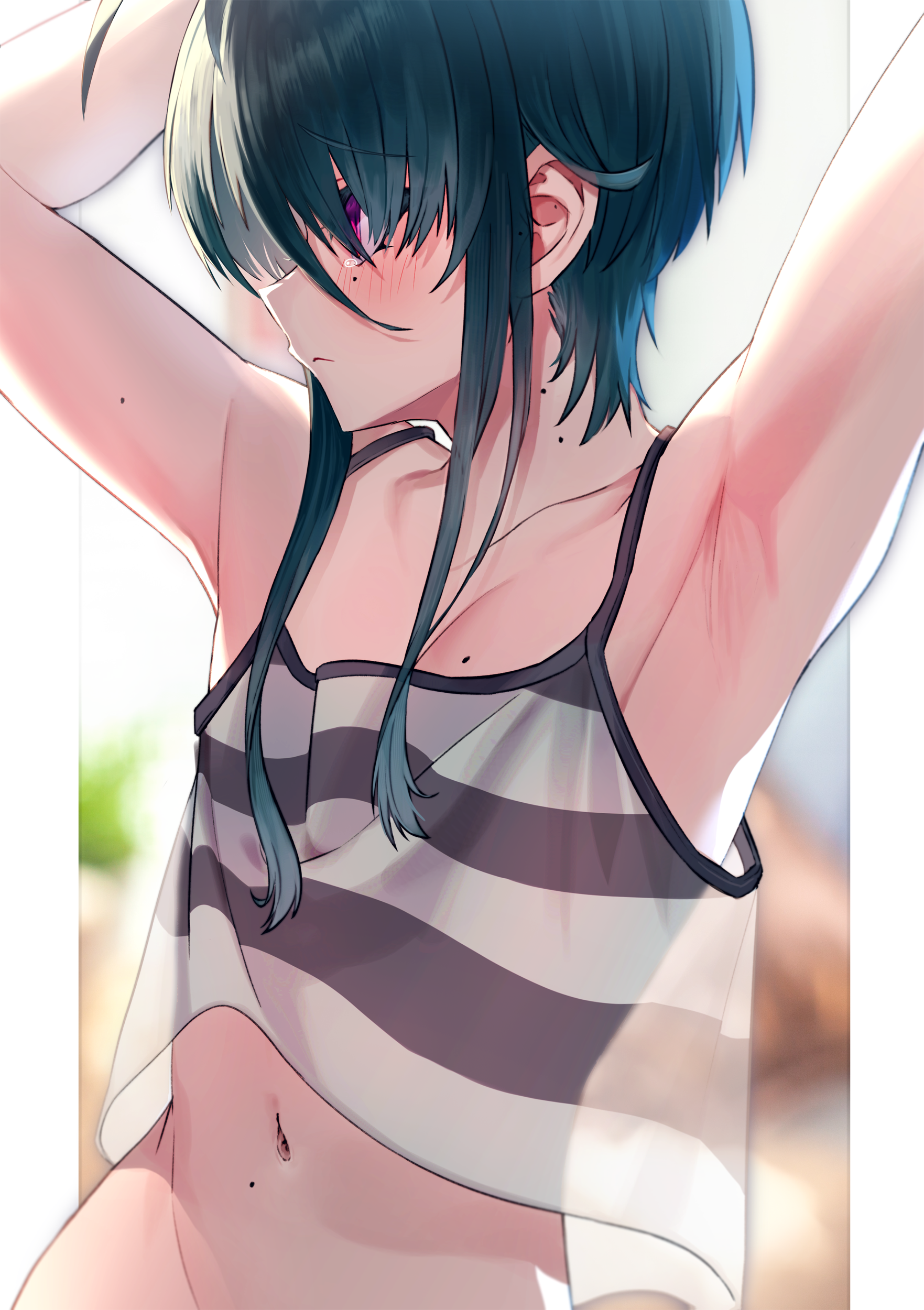 1boy, armpit fetish, armpits, arms up, blush, crop top, crossdressing, don9ri, embarrassed, femboy, looking away from viewer, male, mole, navel, original character, otoko no ko, semi-transparent top, showing armpits, slender body, solo, transparent clothing, trap