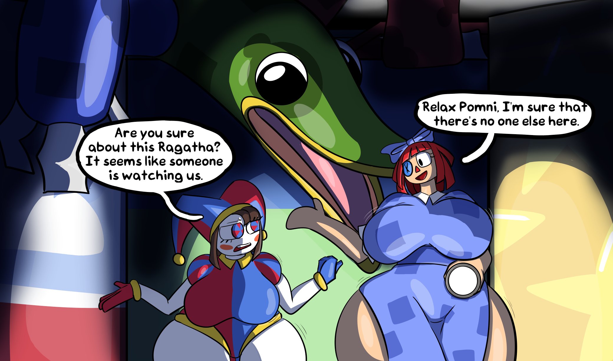 2girls, about to be fucked, big ass, big breasts, big butt, breasts, dialogue, doll, doll girl, glitch productions, imminent rape, jester, jester costume, jester girl, jester hat, jester outfit, kyle5021, monster, pomni (the amazing digital circus), ragatha (the amazing digital circus), tagme, text, the amazing digital circus, wide hips