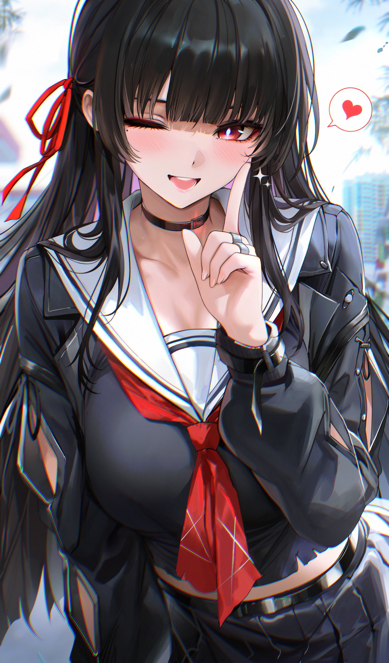 alternate breast size (larger), arm cutout, black choker, black hair, black jacket, black serafuku, black shirt, black skirt, blush, breasts, chisa (wuthering waves), choker, chromatic aberration, clothing cutout, collarbone, commentary, cowboy shot, crop top, female, fingernails, hair ribbon, hand up, heart, highres, index finger raised, jacket, large breasts, leaning forward, long hair, long sleeves, looking at viewer, mole, mole under eye, neckerchief, one eye closed, open mouth, re0n, red eyes, red neckerchief, red ribbon, ribbon, sailor collar, school uniform, serafuku, shirt, skirt, smile, solo, spoken heart, very long hair, white sailor collar, wuthering waves
