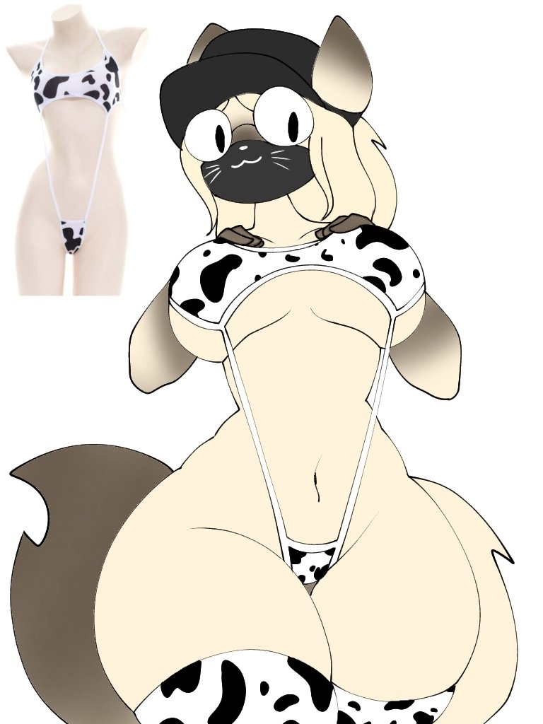 anthro, bikini, black cap, black hat, cap, cow print, cow print bikini, cow print thighhighs, exposed belly, exposed hips, felid, felid humanoid, feline, feline humanoid, female only, furry, furry female, glasses, hands on breasts, hat, hip cleavage, hourglass figure, looking at viewer, looking forward, mask, masked female, oc, sam (the mag), sling bikini, the mag, thighhighs, two-tone fur, wearing glasses, wearing mask