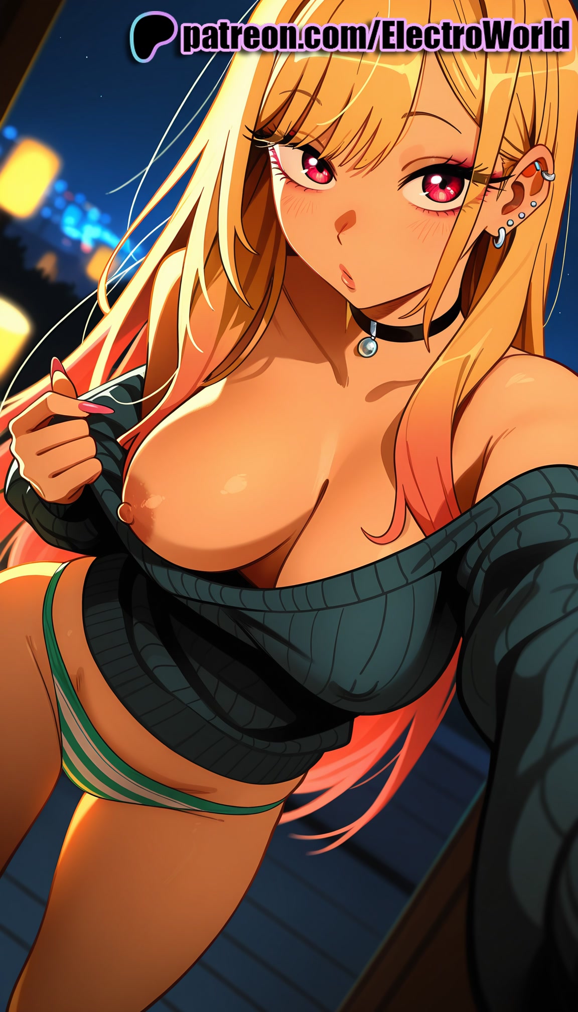 1girls, 2025, ai generated, artist name, black choker, blonde hair, blurry, breasts, bust, chest, choker, earrings, electroworld, exposed nipples, female, hi res, high quality, high resolution, highres, jewelry, kitagawa marin, long hair, my dress up darling, nipples, nipples outside, one breast out, panties, patreon, patreon username, piercing, reaching out, selfie, solo, sono bisque doll wa koi wo suru, stable diffusion, striped, striped panties, sweater, underwear, watermark