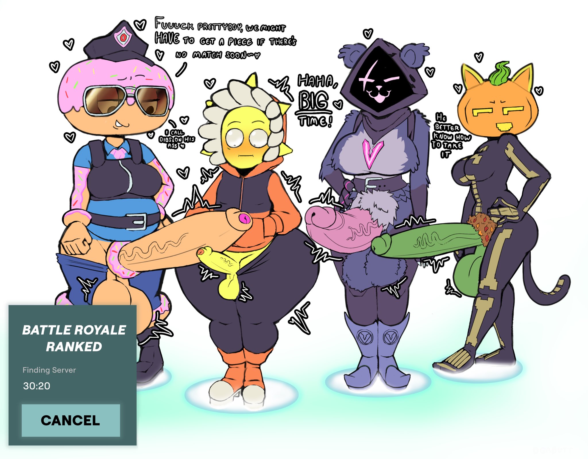 1boy, 4futas, big breasts, big bulge, big penis, bottom heavy, breasts, bulge, clothed, clothing, constable sprinkle, femboy, fortnite, fully clothed, futa is bigger, futa on male, futanari, huge ass, huge cock, imminent sex, oogabutt, penis, penis size difference, raven team leader, spice (fortnite), sunspot (fortnite), thick thighs, wide hips