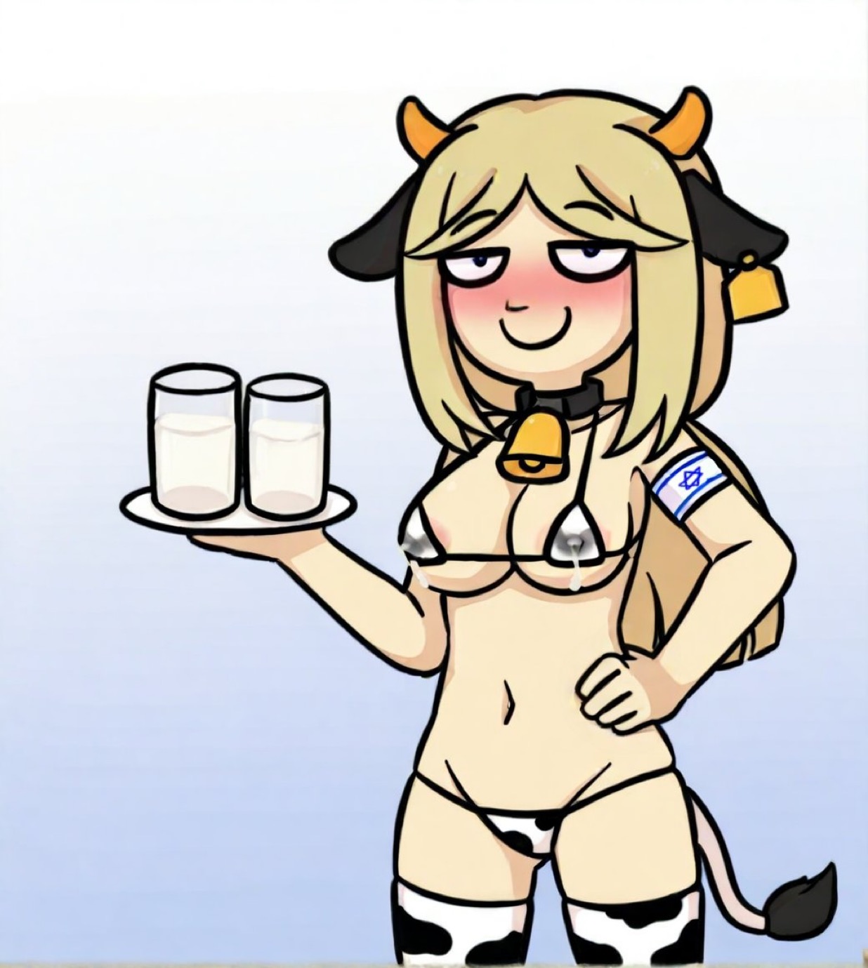 ai assisted, ai generated, bell, bikini, blonde hair, cow ears, cow girl, fan character, jewish, jewish female, leaking milk, ongezellig, onion dweller, raulterrafan, white skin, yana (onion dweller)