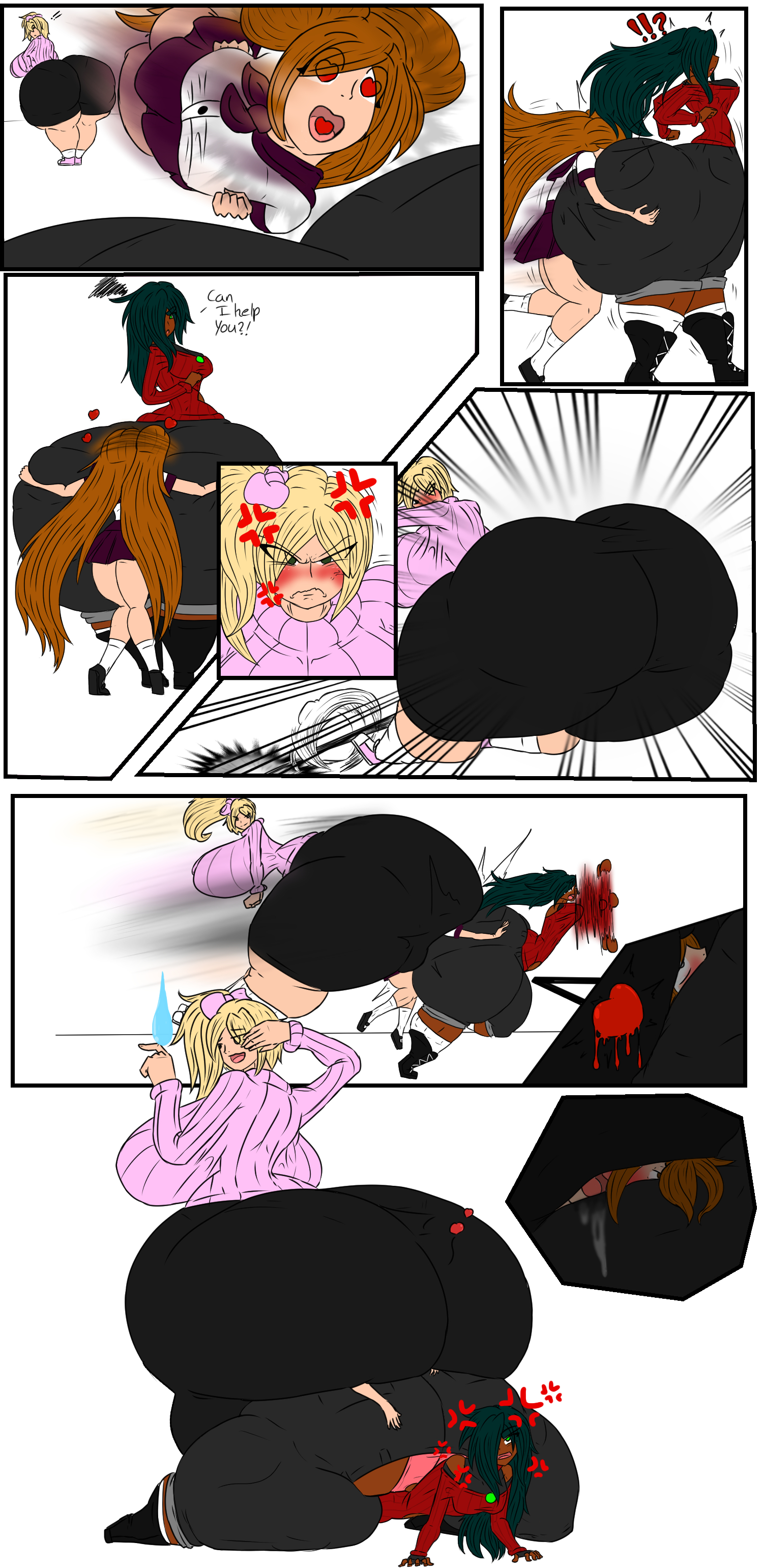 3girls, angry, ass bigger than head, ass grab, ass sandwich, ass smothering, ass to ass, blush, crushing, gokusenpai, jasmine (gokusenpai), mishi smithers, weaponized ass
