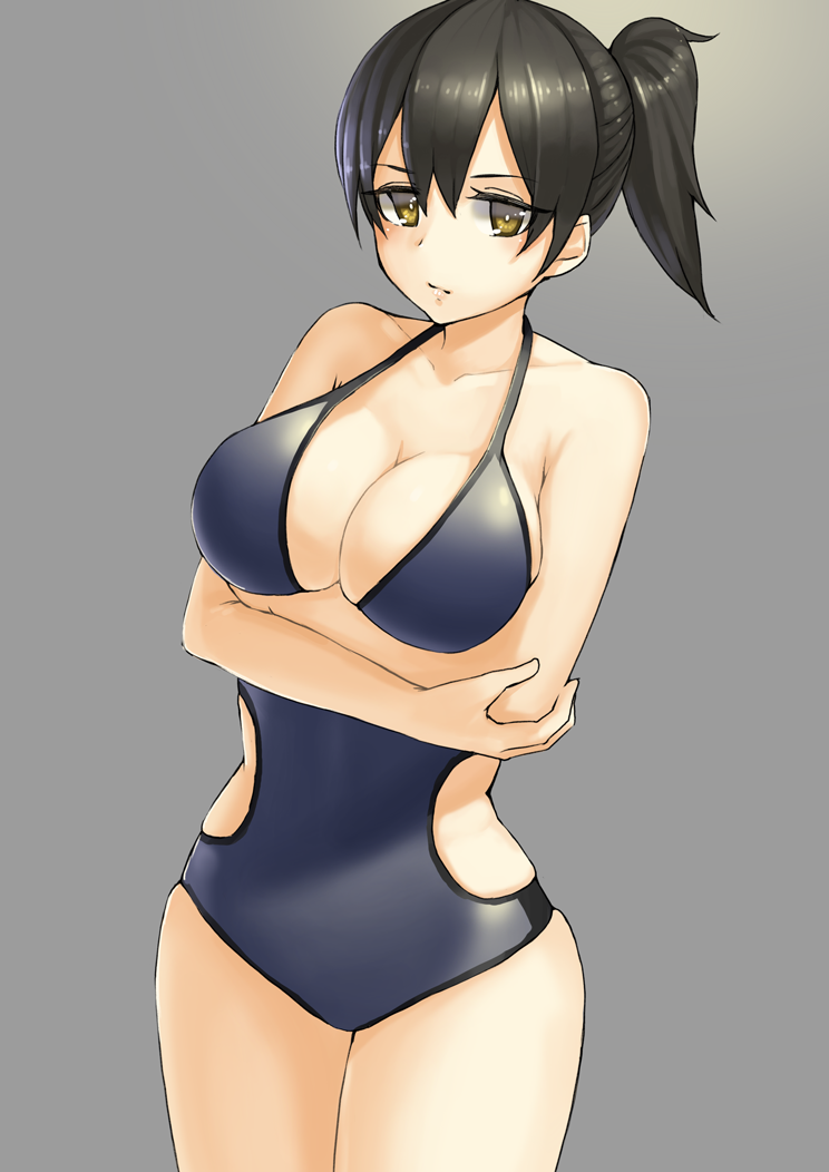 1girls black_hair blue_swimsuit breast_hold breasts brown_hair cleavage crossed_arms hair human kaga_(kantai_collection) kantai_collection large_breasts leotard ponytail seramikku solo swimsuit tied_hair yellow_eyes