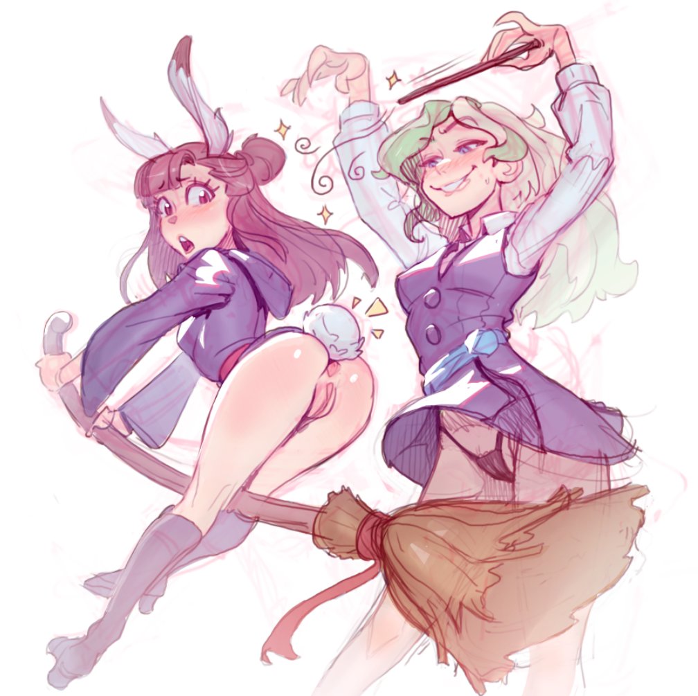 2girls, animal ears, anus, arms up, ass, atsuko kagari, black panties, blonde hair, blush, boots, breasts, broom, broom riding, brown hair, bunny akko, chinese zodiac, commentary, diana cavendish, dress, english commentary, female pervert, frown, full body, furrowed brow, green hair, grin, holding, holding wand, honey doo, honi do, hooded dress, knee boots, little witch academia, long hair, long sleeves, looking back, luna nova school uniform, magic, multicolored hair, multiple girls, notice lines, open mouth, panties, pantyshot, pervert, purple dress, pussy, rabbit ears, rabbit girl, rabbit tail, school uniform, short dress, sketch, smile, studio trigger, sweat, tail, transformation, two-tone hair, underwear, upskirt, wand, white sleeves, witch, year of the rabbit, yuri
