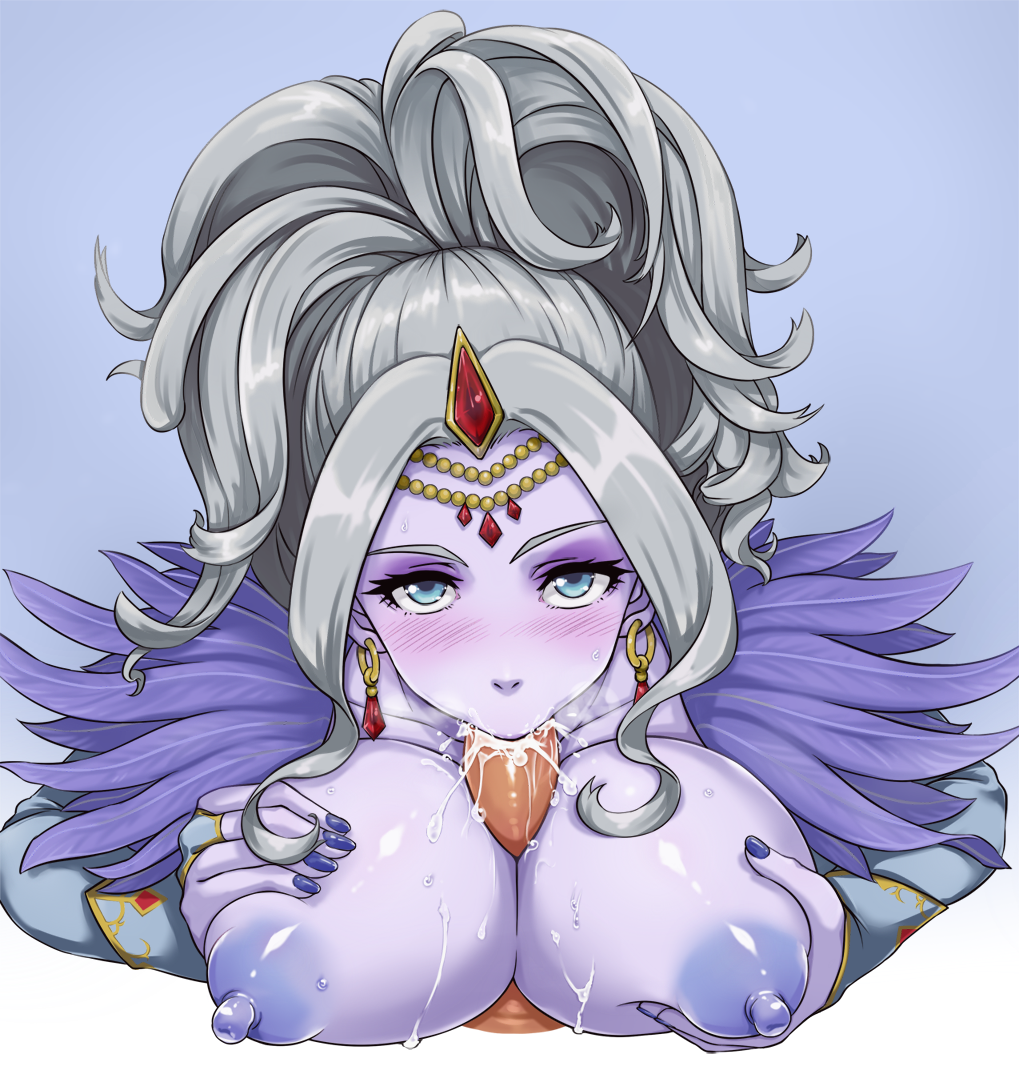 areolae blush breasts circlet cum cum_in_mouth dragon_quest dragon_quest_xi earrings female jewelry krystalinda large_breasts long_hair looking_at_viewer nail_polish nipples oral paizuri penis pov titfuck yas_(35373)