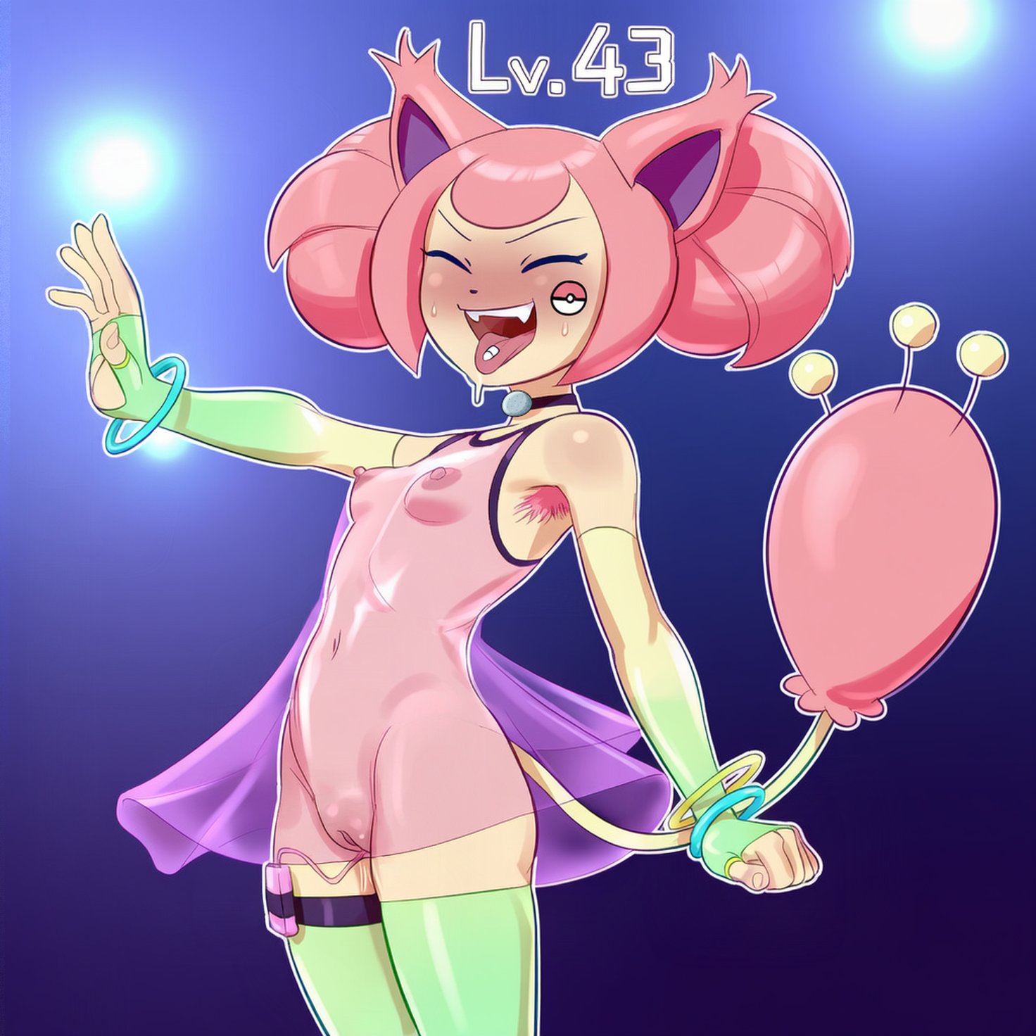 ai assisted, ai generated, armpits, armwear, cat ears, cat tail, catgirl, choker, drugs, english text, female, glowing bracelet, hairy armpits, kokenaart, legwear, nipples, pokemon, pokemon (species), pussy, rave, skitty, small breasts, solo, tongue, tongue out, translucent clothing, vibrator, vibrator cord, vibrator in pussy, vibrator in thighhighs