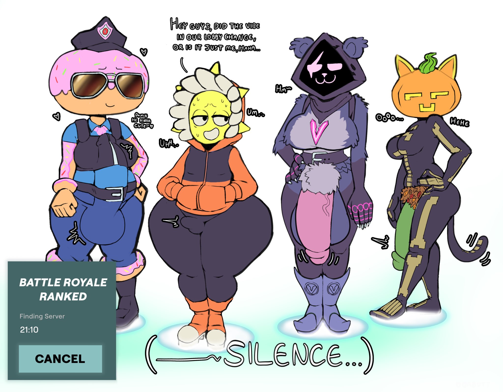 1boy, 4futas, big breasts, big bulge, big penis, bottom heavy, breasts, bulge, clothed, clothing, constable sprinkle, erection under clothes, femboy, fortnite, fully clothed, futa is bigger, futanari, huge ass, huge cock, oogabutt, penis, raven team leader, spice (fortnite), sunspot (fortnite), thick thighs, wide hips