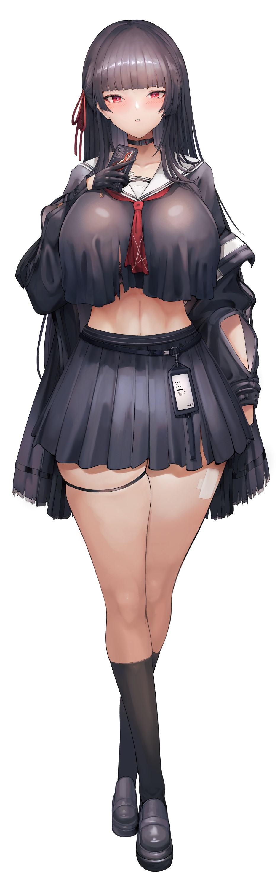 1girls, black bra, black choker, black gloves, black hair, black shirt, black shoes, black skirt, black socks, blunt bangs, bra, bra peek, breasts, chisa (wuthering waves), choker, collarbone, female, full body, gloves, hair ribbon, holding, holding phone, kneehighs, linea alba, long hair, long sleeves, mole, mole under eye, neckerchief, phone, red eyes, red neckerchief, red ribbon, ribbon, sailor collar, school uniform, shirt, shoes, skindentation, skirt, socks, solo, standing, thigh strap, torn clothes, torn shirt, underwear, white sailor collar, wuthering waves, yusha (m-gata)