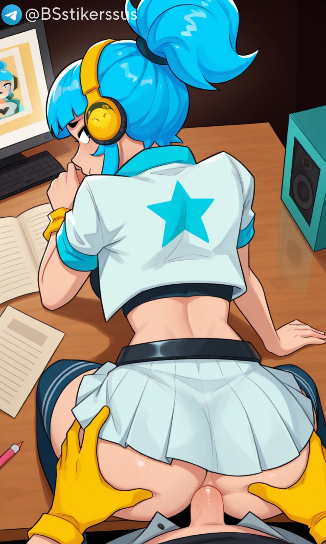 1boy, 1boy1girl, 1girls, ai generated, ass grab, black legwear, blue hair, brawl stars, bsstikerssus, jacket, janet (brawl stars), looking at viewer, looking back, popstar janet, skirt, table, tagme, white jacket, white skirt