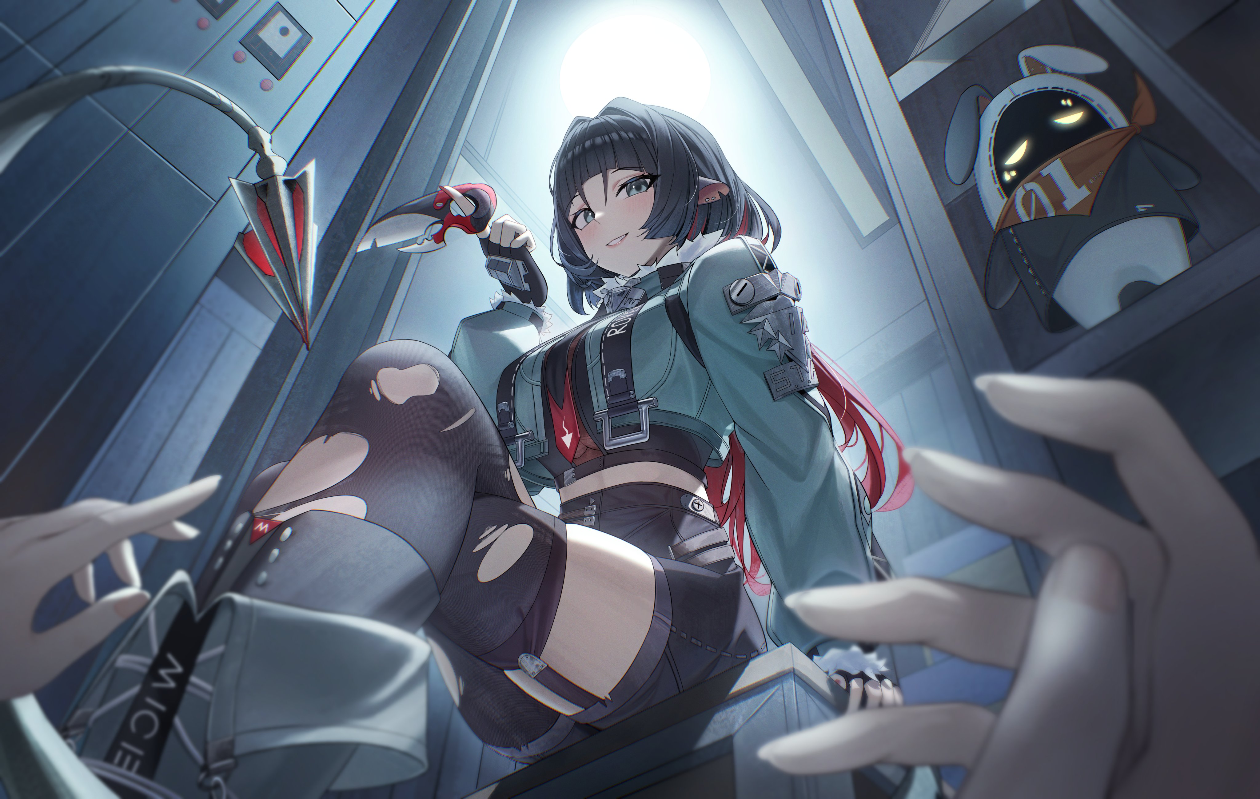 2girls, absurdres, animal ears, aqua jacket, bangboo (zenless zone zero), black gloves, black hair, black pantyhose, black shorts, black thighhighs, breasts, commentary, crop top, crossed legs, english commentary, eous (zenless zone zero), female, fingerless gloves, from below, fur trim, fur-trimmed jacket, gloves, high-waist shorts, highres, holding, holding weapon, jacket, jane doe (zenless zone zero), large breasts, long hair, mouse ears, mouse girl, mouse tail, multicolored hair, necktie, pantyhose, parted lips, red eyes, red necktie, shorts, single leg pantyhose, single thighhigh, smile, tail, teeth, thighhighs, thighs, torn clothes, torn pantyhose, torn thighhighs, two-tone hair, weapon, zenless zone zero