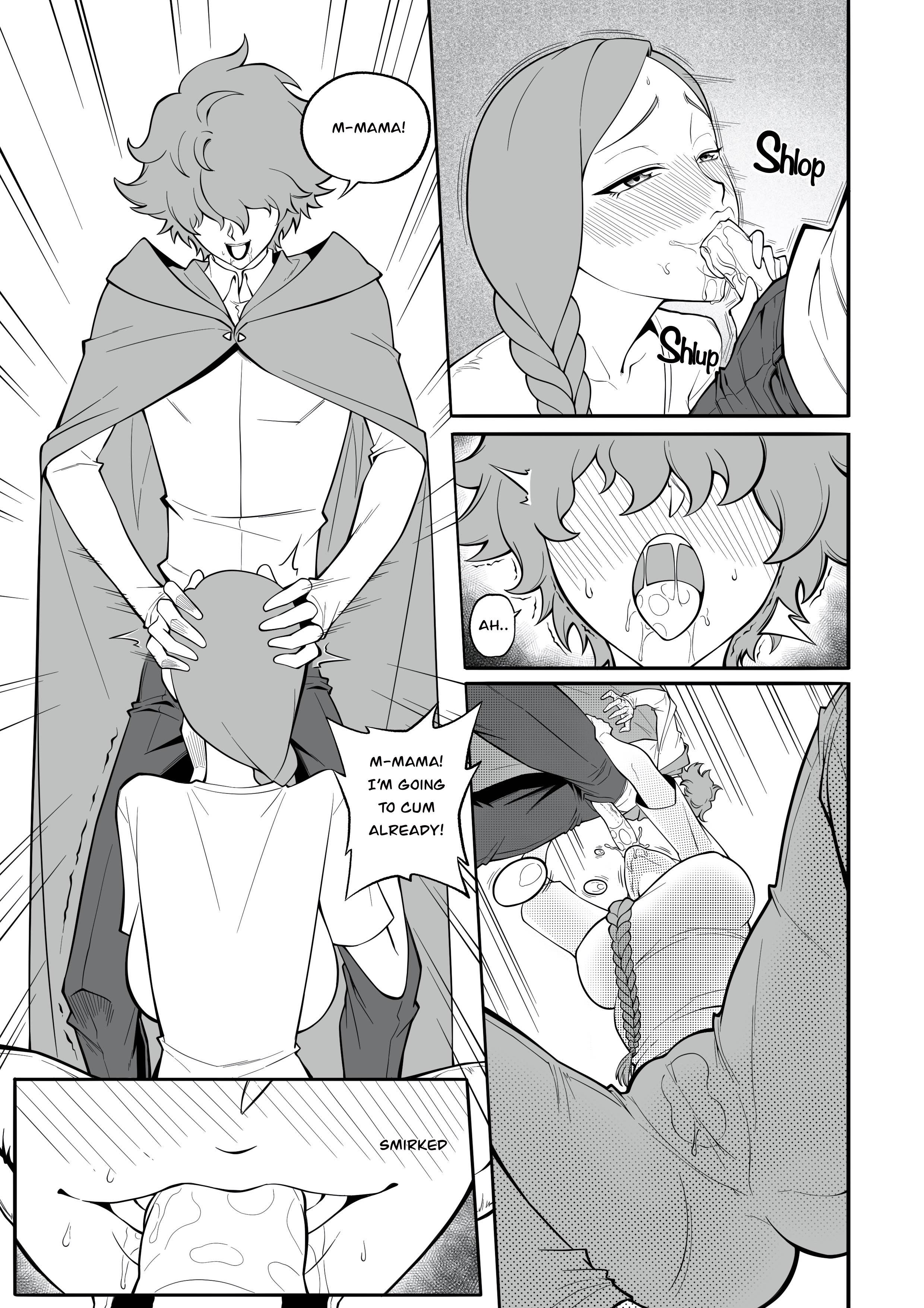 2d, 2d (artwork), 2d artwork, bite, biting penis, black and white, blow job, blowjob, blush, blush lines, drool, drool drip, drool on penis, drool string, drooling, drooling on penis, er0popo, fellatio, femboy, grabbing, grabbing head, grabbing penis, incest, large breasts, lewd red riding hood (monstershake), long hair, manga, manga page, manga style, moan, moaning, moaning in pleasure, monstershake, mother, mother and child, mother and son, red (monstershake), red riding hood, red's mother (monstershake), saliva, saliva drip, saliva string, sayuri milkshake, short hair, small penis, smirk, smirking, son, squatting, squatting female, squirt, squirting, squirting in pants, squirting through clothes, sucking, sucking cock, sucking penis, tip, tip in mouth, tomgirl, twink, wet, wet jeans, wet pussy