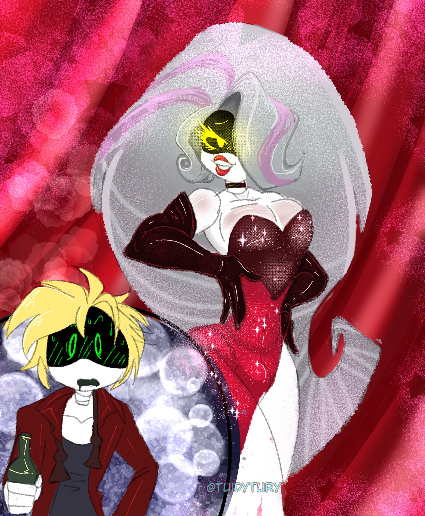 2boys, angel dust (cosplay), angel in drag (hazbin hotel), bulge, bulge through clothing, crossdressing, crossover, crossover cosplay, disassembly drone, dress, drunk, eyelashes, gay, glitch productions, hazbin hotel, lipstick, long hair, male, male only, murder drones, n (murder drones), pecs, robot, robot boy, robot humanoid, sexy, sexy body, sexy pose, thad (murder drones), tuidytury, white body, worker drone