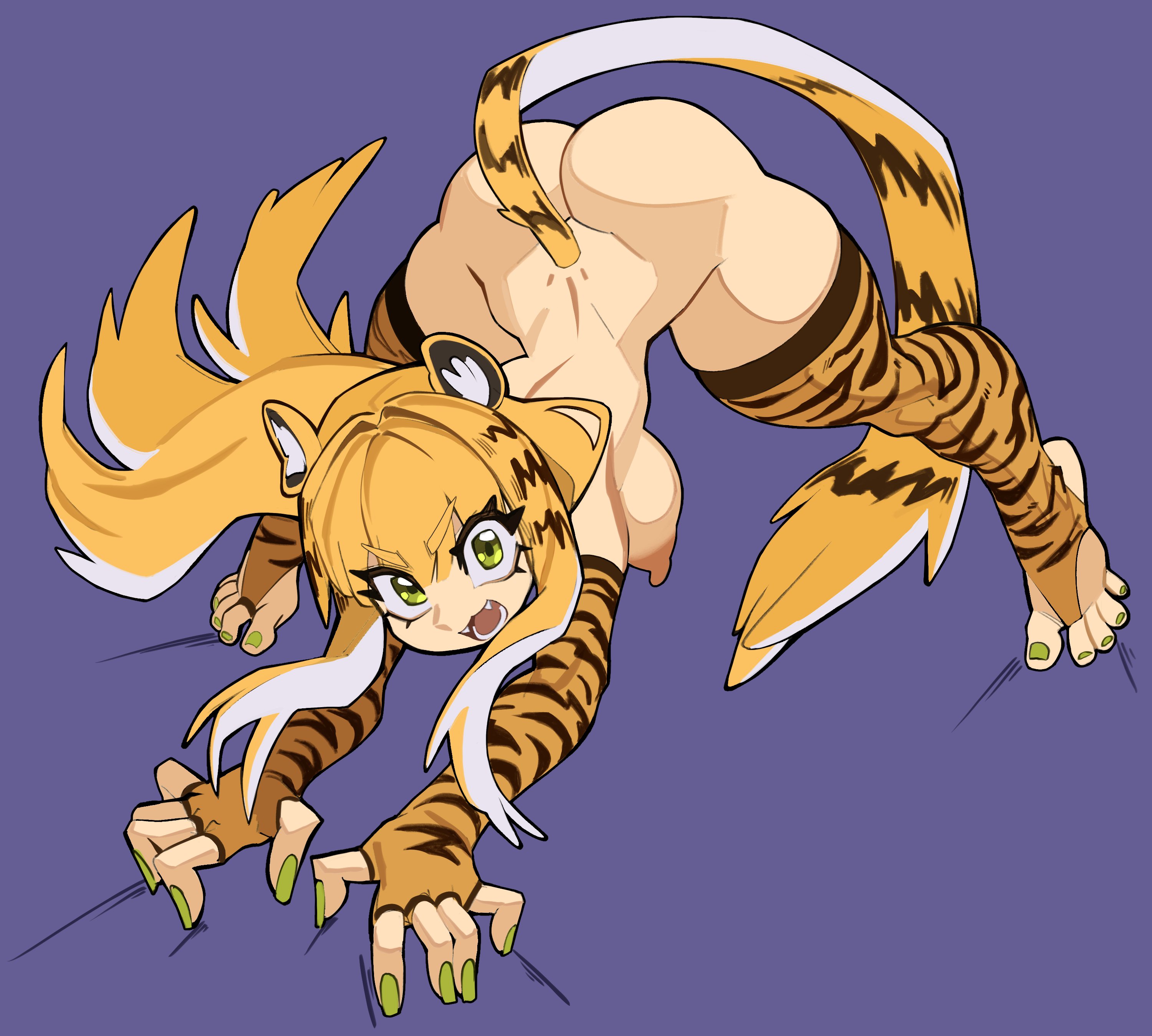 absurdres, akira slide, animal ear fluff, animal ears, animal print, ass, blonde hair, breasts, colored nails, commentary, elbow gloves, exnezo, fangs, female, fingerless gloves, fingernails, full body, gloves, green eyes, green nails, green toenails, hair between eyes, highres, ju fufu, large breasts, long hair, long nails, looking at viewer, nail polish, nezo, nipples, nude, open mouth, painted nails, print gloves, print thighhighs, purple background, simple background, solo, stirrup legwear, stirrup thighhighs, tail, thighhighs, tiger ears, tiger girl, tiger print, tiger tail, toe ring legwear, toeless legwear, toenail polish, toenails, toes, top-down bottom-up, yellow gloves, yellow thighhighs, zenless zone zero