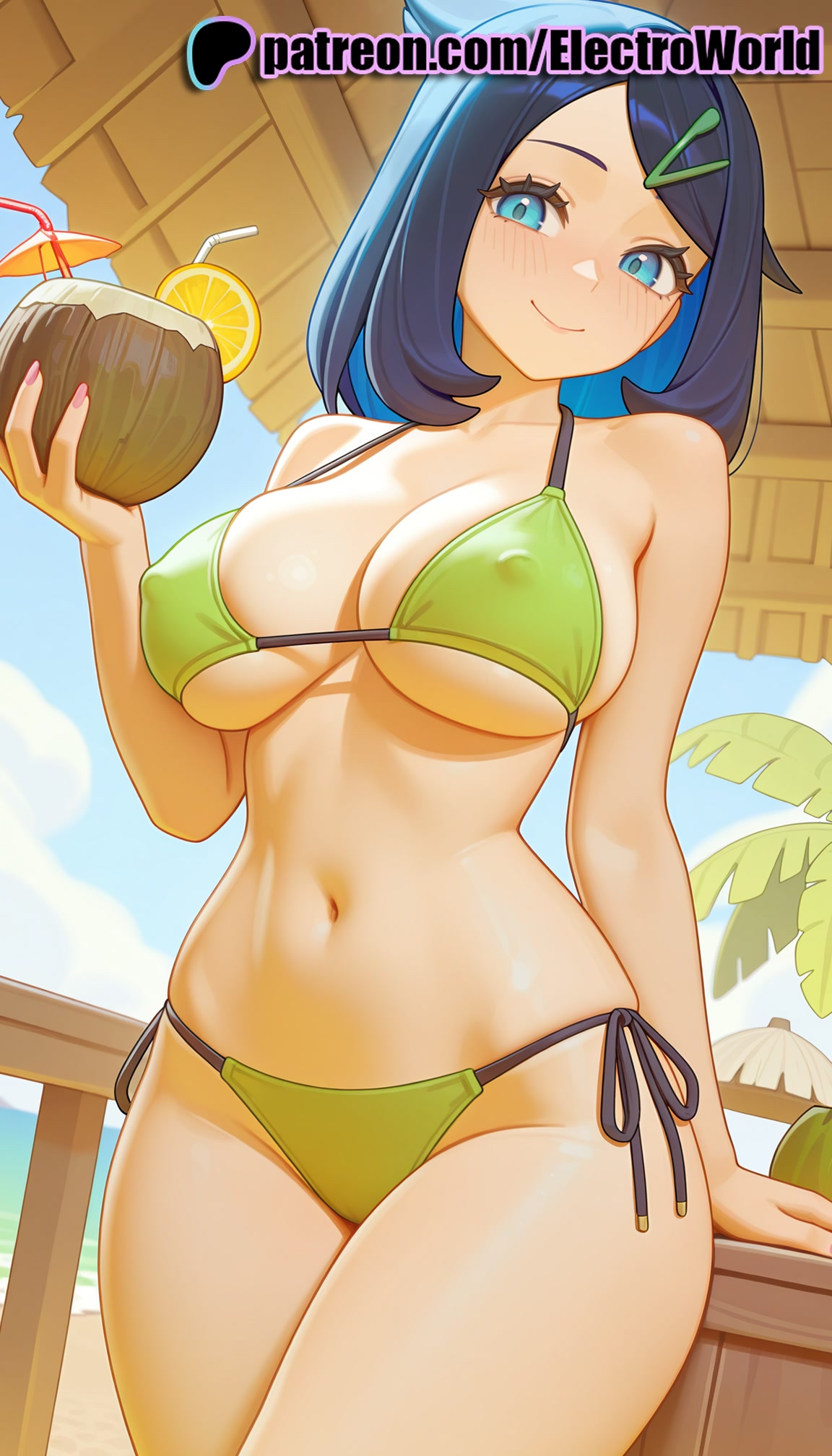 1girls, 2025, ai generated, artist name, beach chair, beer mug, bikini, blush, breasts, bust, chest, coconut, covered nipples, cup, day, drinking glass, drinking straw, electroworld, female, food, fruit, glass, green bikini, hair ornament, hi res, high quality, high resolution, highres, holding tray, lemon, lemon slice, liko (pokemon), nail polish, navel, orange (fruit), orange slice, palm tree, pancake, patreon, patreon username, plate, pokemon, side-tie bikini, side-tie panties, sitting, sky, smile, solo, stable diffusion, swimsuit, table, tray, watermark