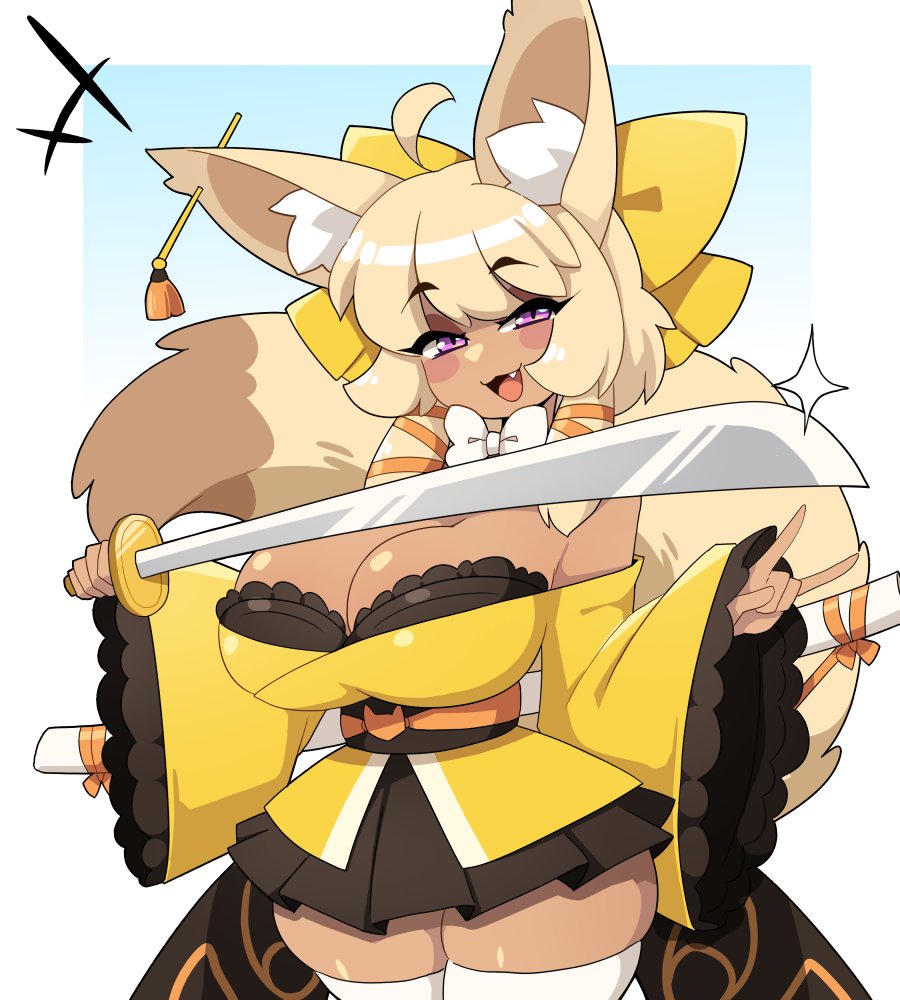 1girls, ahoge, big breasts, blonde hair, cleavage, deltia (quarium), ear tuft, eyelashes, female, female only, fluffy tail, fox ears, fox girl, fox tail, gift art, j5daigada, japanese clothes, looking at viewer, neck ribbon, oerba yun fang, open mouth, purple eyes, smiling, smiling at viewer, solo, sword, tail, thick thighs, thighhighs, white thighhighs, wide sleeves