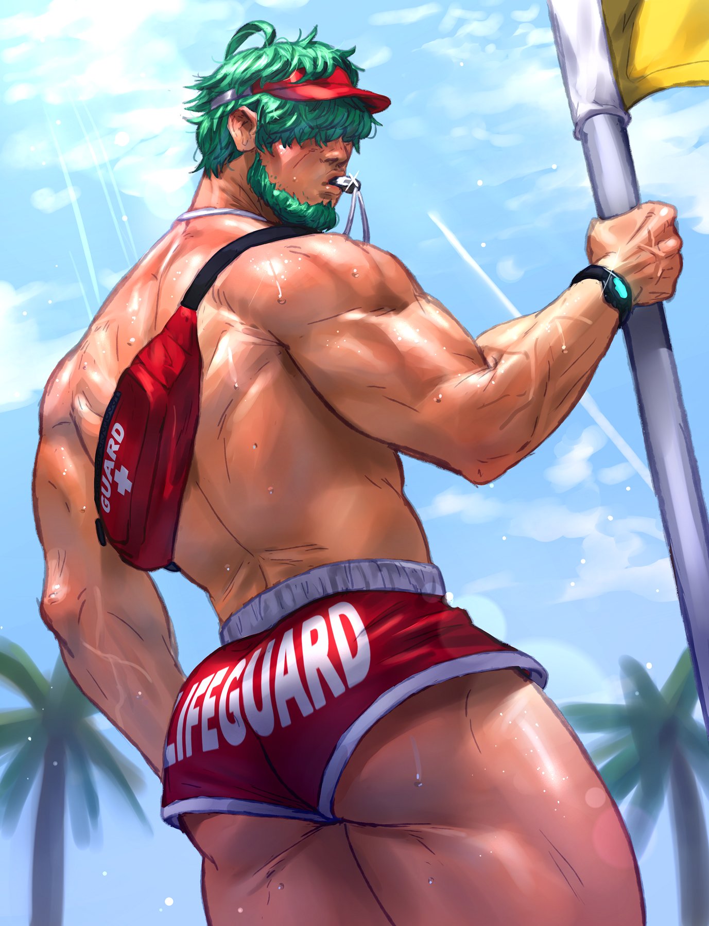 1boy, ass, back, bara, beard, carless 21, fire emblem, fire emblem: the blazing blade, green hair, hair over eyes, hat, lifeguard, lowen (fire emblem), male, male focus, male only, muscular, muscular arms, muscular male, nintendo, outdoors, short hair, solo, solo male, text, visor cap, watch, whistle, wristwatch