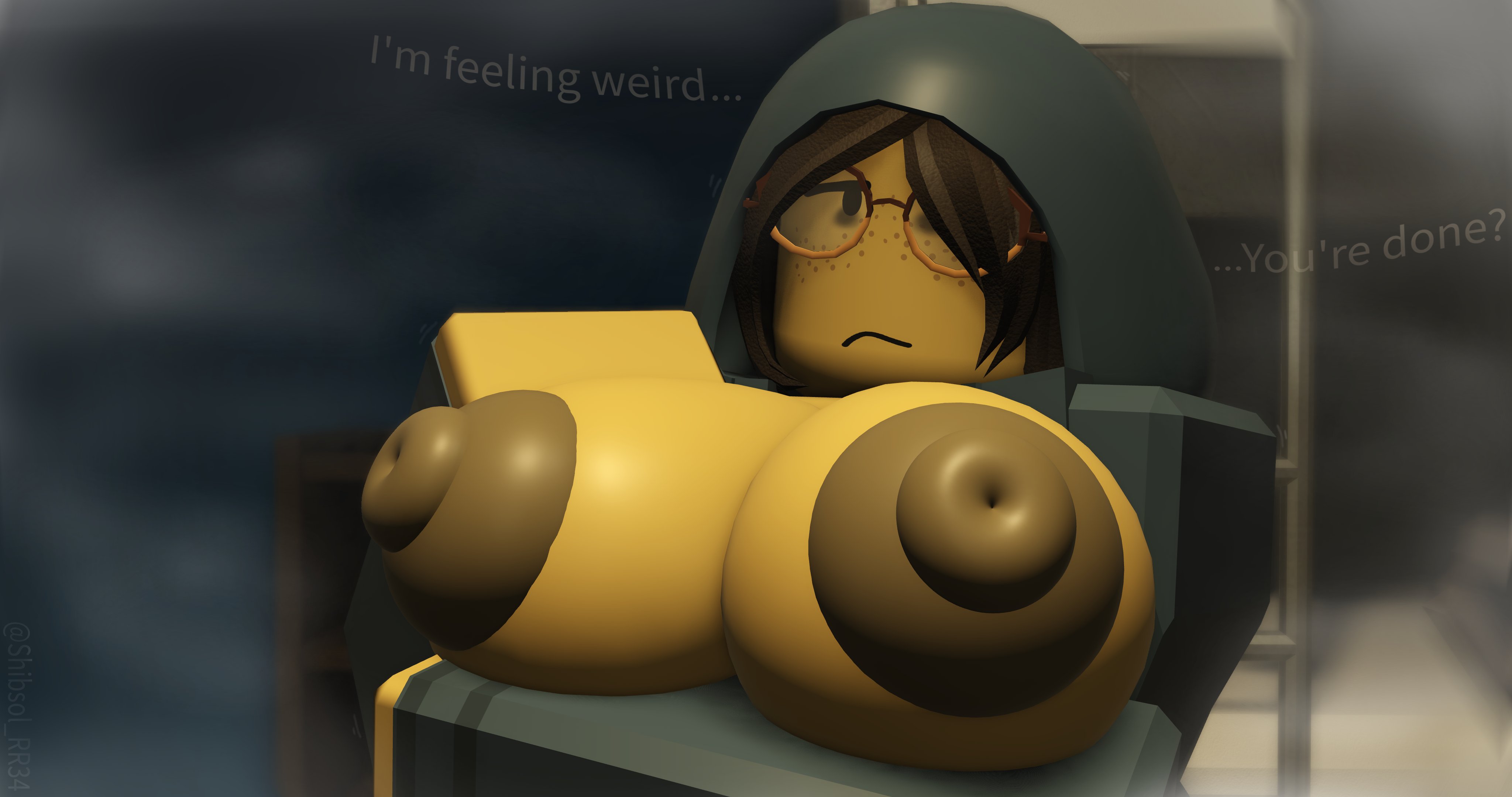1girls, 3d, areola, areolae, big breasts, blood debt, breasts, breasts out, brown hair, english text, female, female only, freckles, glasses, halyna shevchenkova, hoodie, massive areolae, nerdy female, night, nipples, roblox, roblox game, robloxian, shibsol rr34, short hair, solo, tagme, text