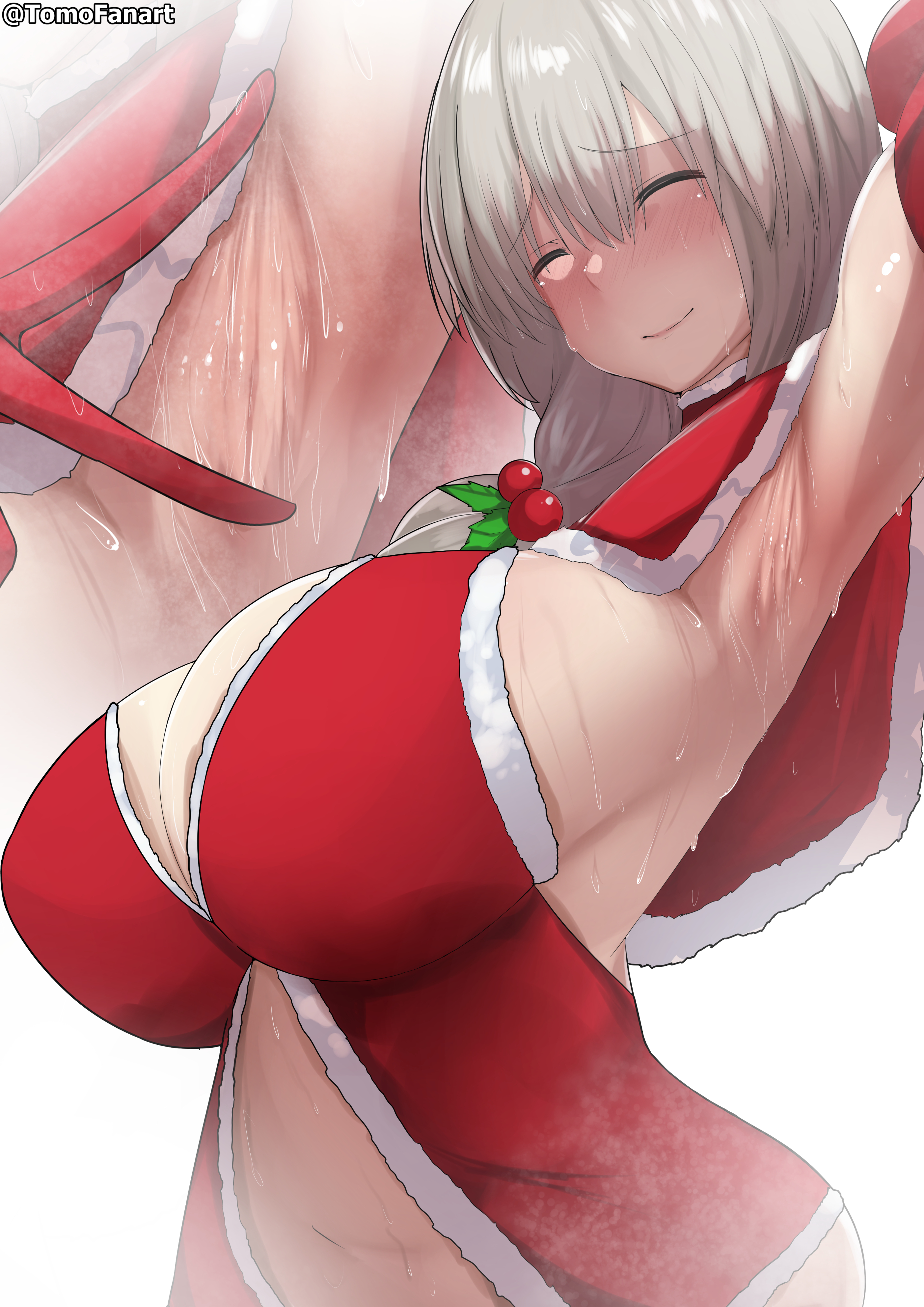 1girls, alternate version available, arm up, armpit, armpit fetish, armpits, big breasts, breast focus, breasts, cape, christmas, christmas clothing, christmas outfit, cleavage, close-up, closed eyes, female, female only, grey hair, hair, huge breasts, large breasts, mature, mature female, mature woman, milf, mother, neckwear, smile, solo, solo female, sweat, sweatdrop, sweaty, sweaty armpits, sweaty body, tomodachi (tomofanart), uzaki tsuki, uzaki-chan wa asobitai!