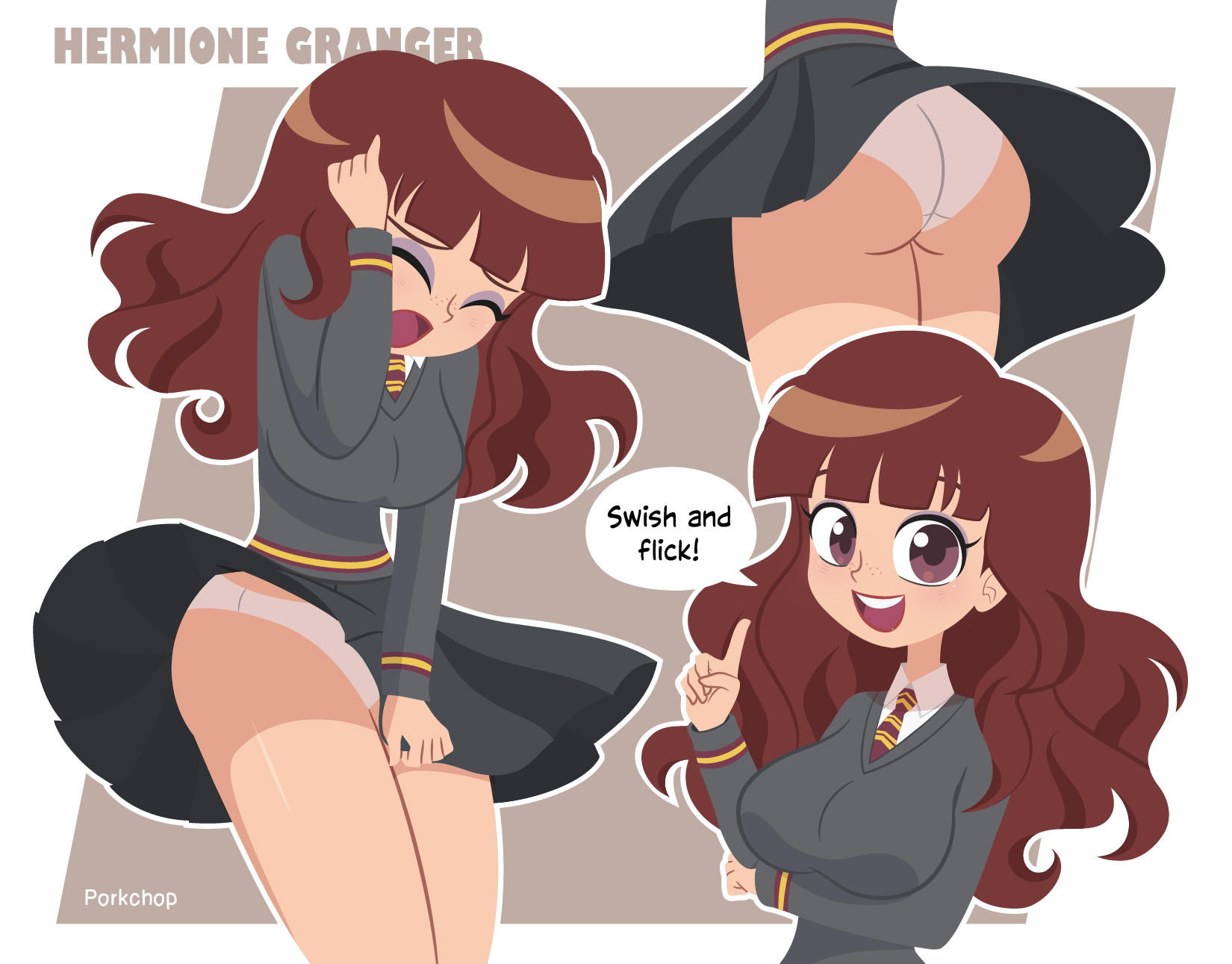 1girls, ass, breasts, brown eyes, brown hair, clothes lift, female, female focus, grey sweater, harry potter, harry potter (series), hermione granger, hogwarts school uniform, large breasts, long hair, multiple views, necktie, open mouth, panties, pleated skirt, porkchop (artist), school uniform, skirt, skirt lift, speech bubble, sweater, teenage girl, teenager, underwear, white panties, wizarding world