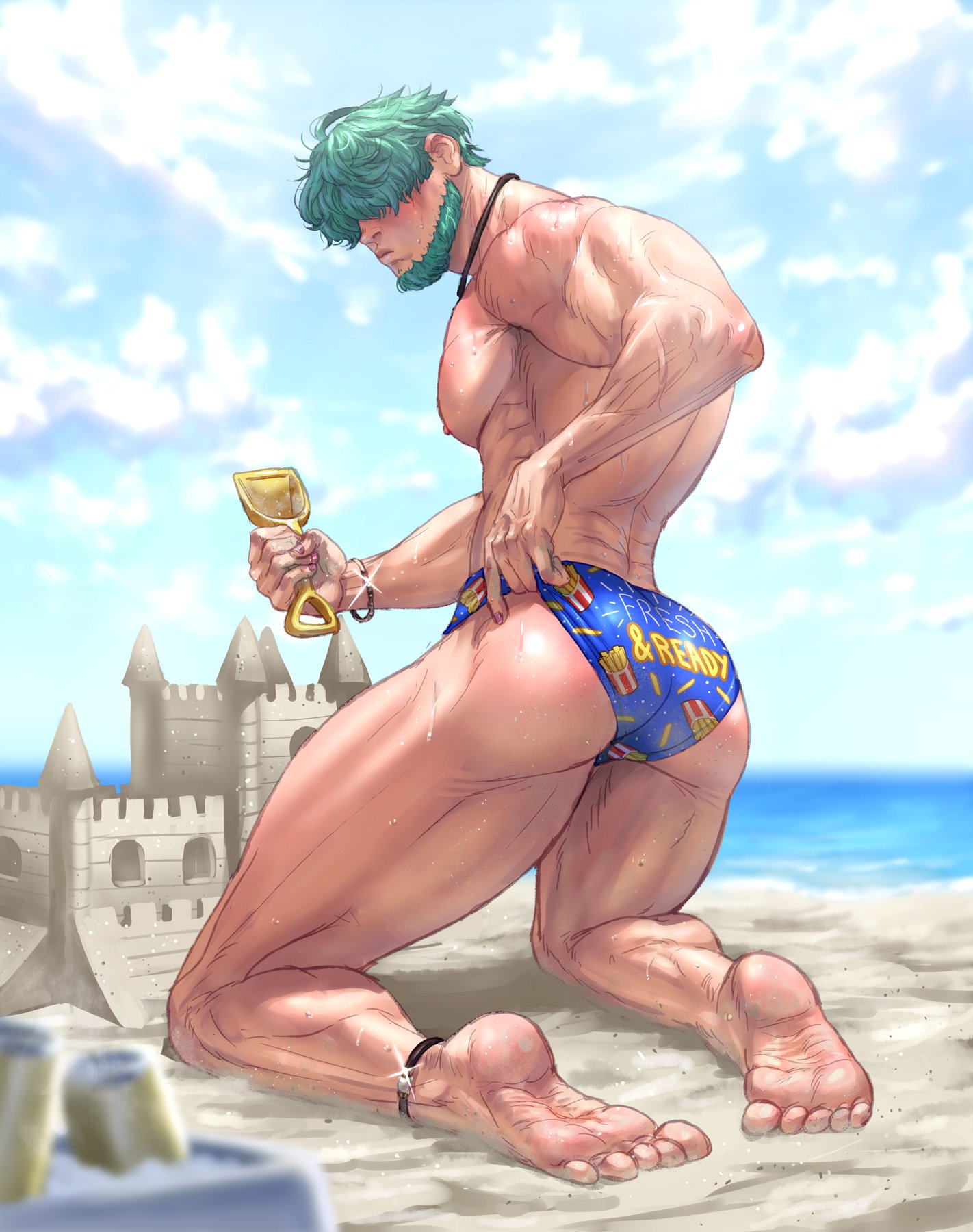 1boy, ass, bara, barefoot, beach, beard, blue male swimwear, blush, bracelet, carless 21, cloud, day, facial hair, feet, fire emblem, fire emblem: the blazing blade, green hair, hair between eyes, highres, jewelry, kneeling, large pectorals, lowen (fire emblem), male, male focus, male only, male swimwear, muscular, muscular male, nintendo, nipples, outdoors, pectorals, sand castle, sand sculpture, short hair, sky, soles, solo, solo male, thick thighs, thighs