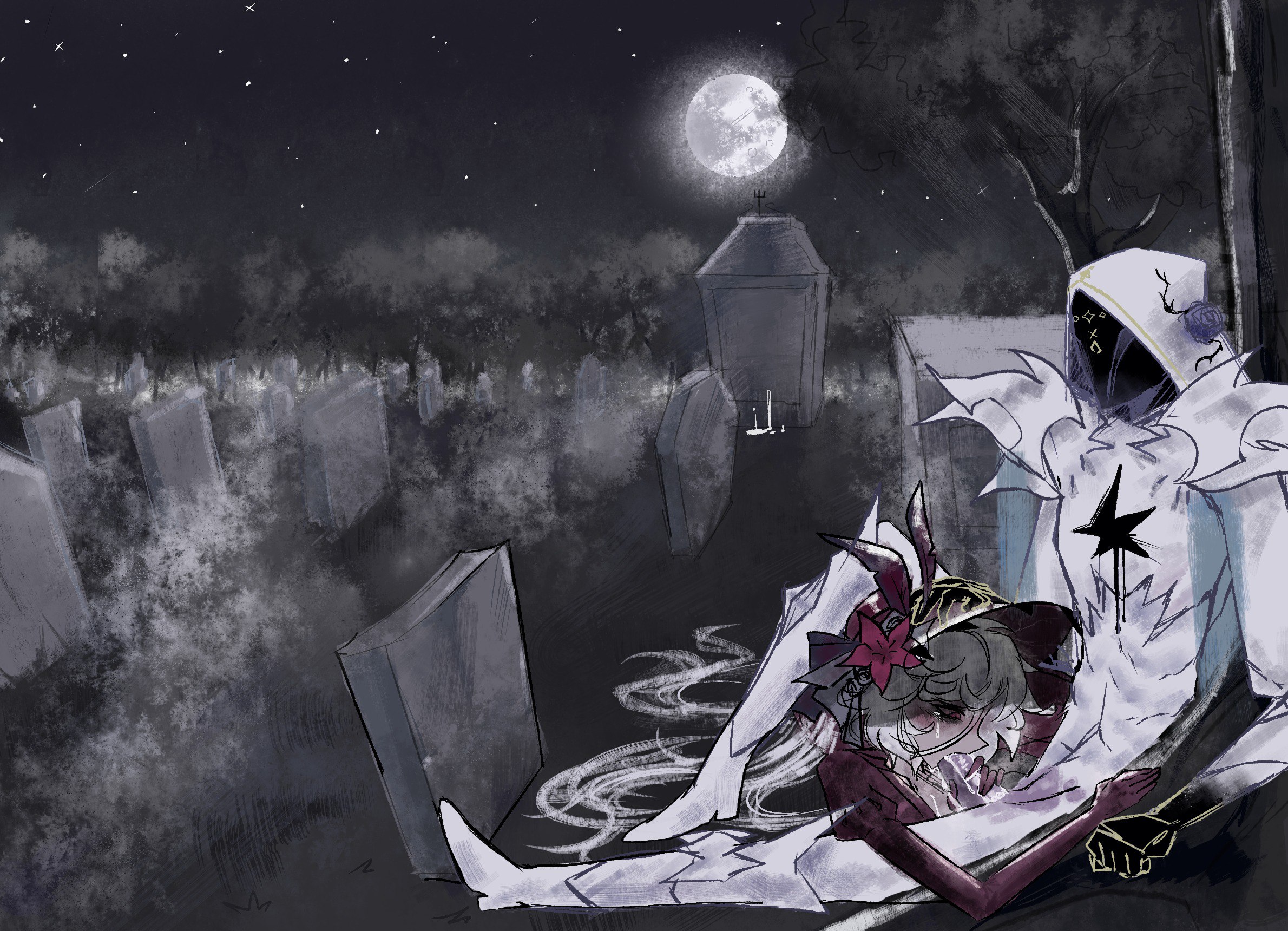 1boy1girl, 1girl1boy, armor, armored boots, armored male, blush, blushing female, cemetery, cemetery in the background, clothed, clothed female, clothed male, clothed sex, clothes, clothing, comic, comic page, cookie run, cookie run kingdom, dnisher, gem on chest, guide of the crumbled, hat flower, hat ribbon, hetero sex, heterosexual, heterosexual female, heterosexual male, heterosexual sex, hood, lily (flower), long hair, long hair female, mask, masked, masked male, pale skin, pale-skinned female, red eyes, red eyes female, sex, sex in cemetery, silent salt cookie, straight, straight sex, sucking, sucking cock, sucking dick, sucking penis, tear, tearing up, tears, tears in eyes, veil of mourning, white hair, white hair female, white lily cookie