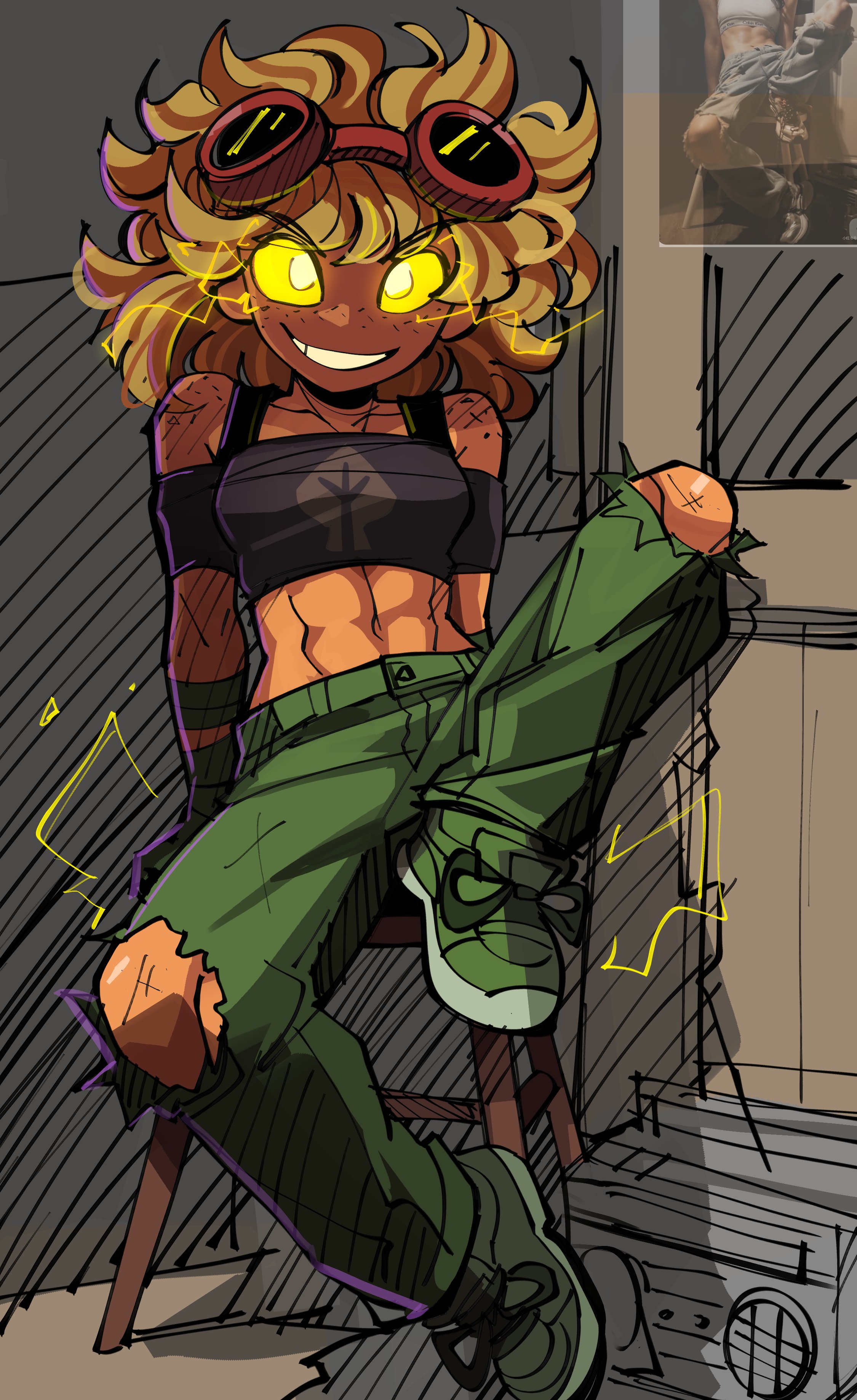 1girls, abs, blonde hair, crop top, dendrophilia, detached sleeves, glowing eyes, goggles, handwear, muscular female, non-human, peargor, plant, plants vs zombies, plants vs zombies: heroes, plants vs. zombies, ripped clothing, sitting, six pack, solar flare (peargor), solar flare (pvz), sunflower (pvz), tomboy, yellow eyes